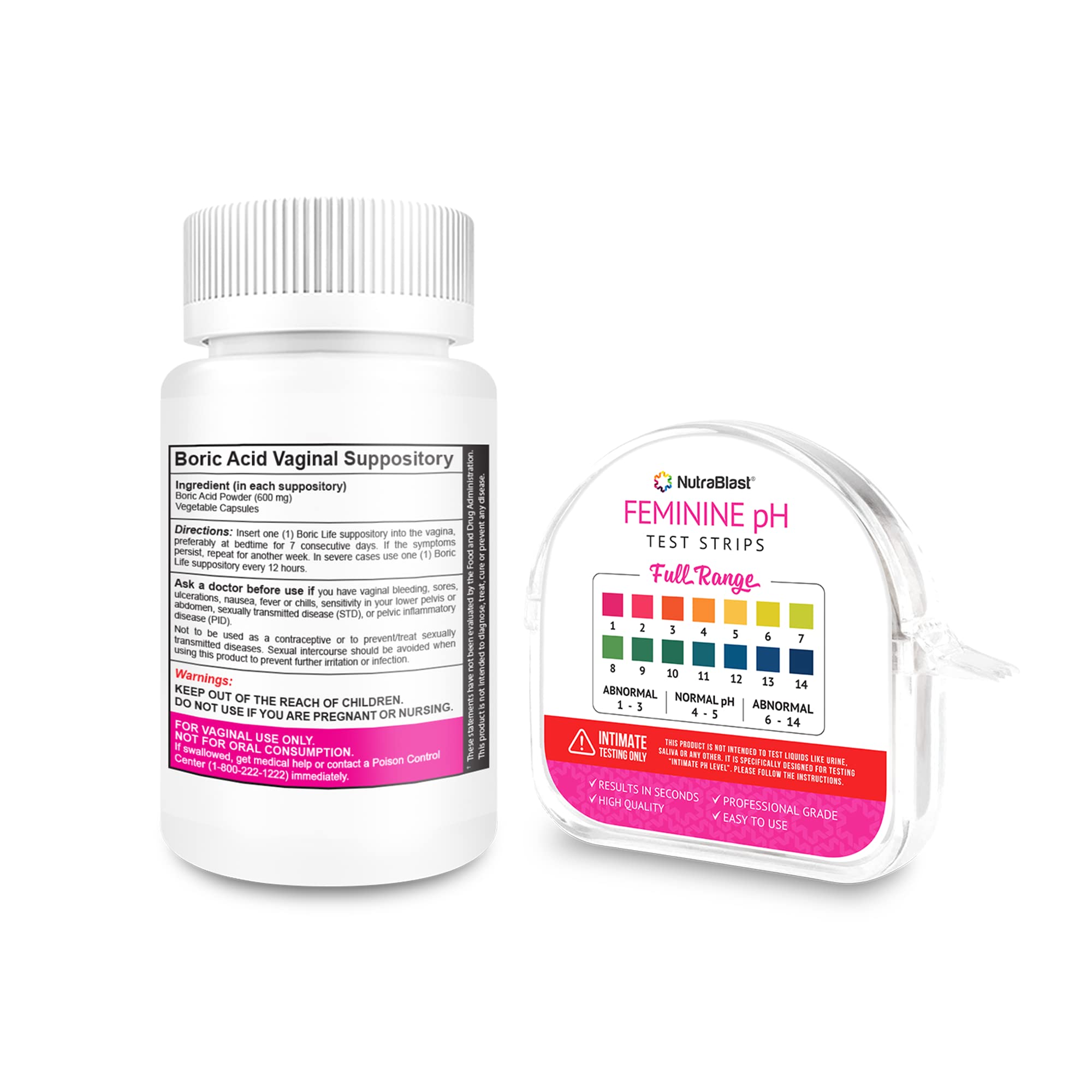 NutraBlast Boric Acid Vaginal Suppositories 600mg (30 Count) & Feminine pH Test Strips 1-14 (100-Tests Roll) NutraBlast uk supplements