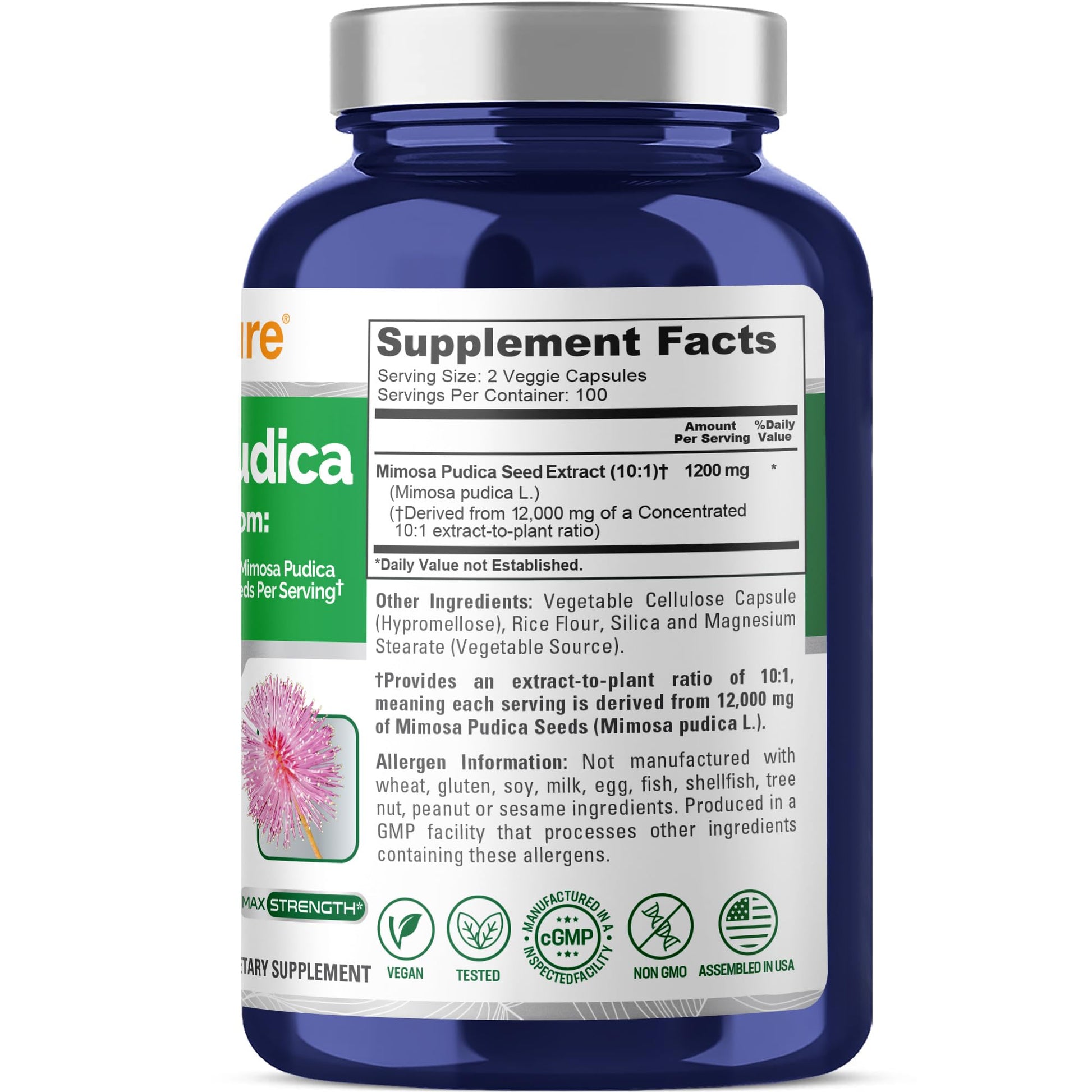 NusaPure Mimosa Pudica Seed 10:1 Extract, 1200 mg Equivalent to 12,000 mg 200 Veg Capsules (Non-GMO, Vegan) NusaPure uk supplements