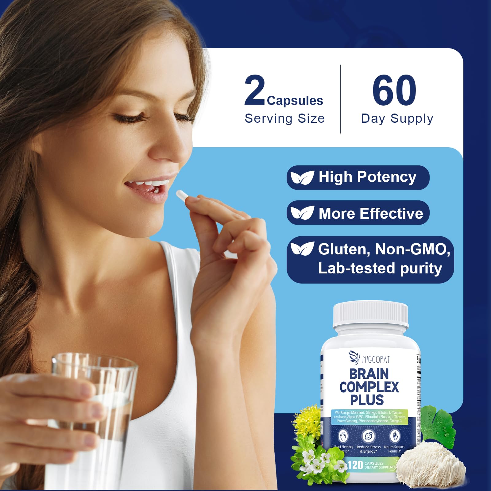 Brain Supplements for Memory & Focus - Nootropic with Bacopa Monnieri, Lion's Mane, Alpha GPC, Phosphatidylserine | Supports Mental Clarity & Cognitive Function | Vitamin B6 & B12-120 Capsules Migcopat uk supplements