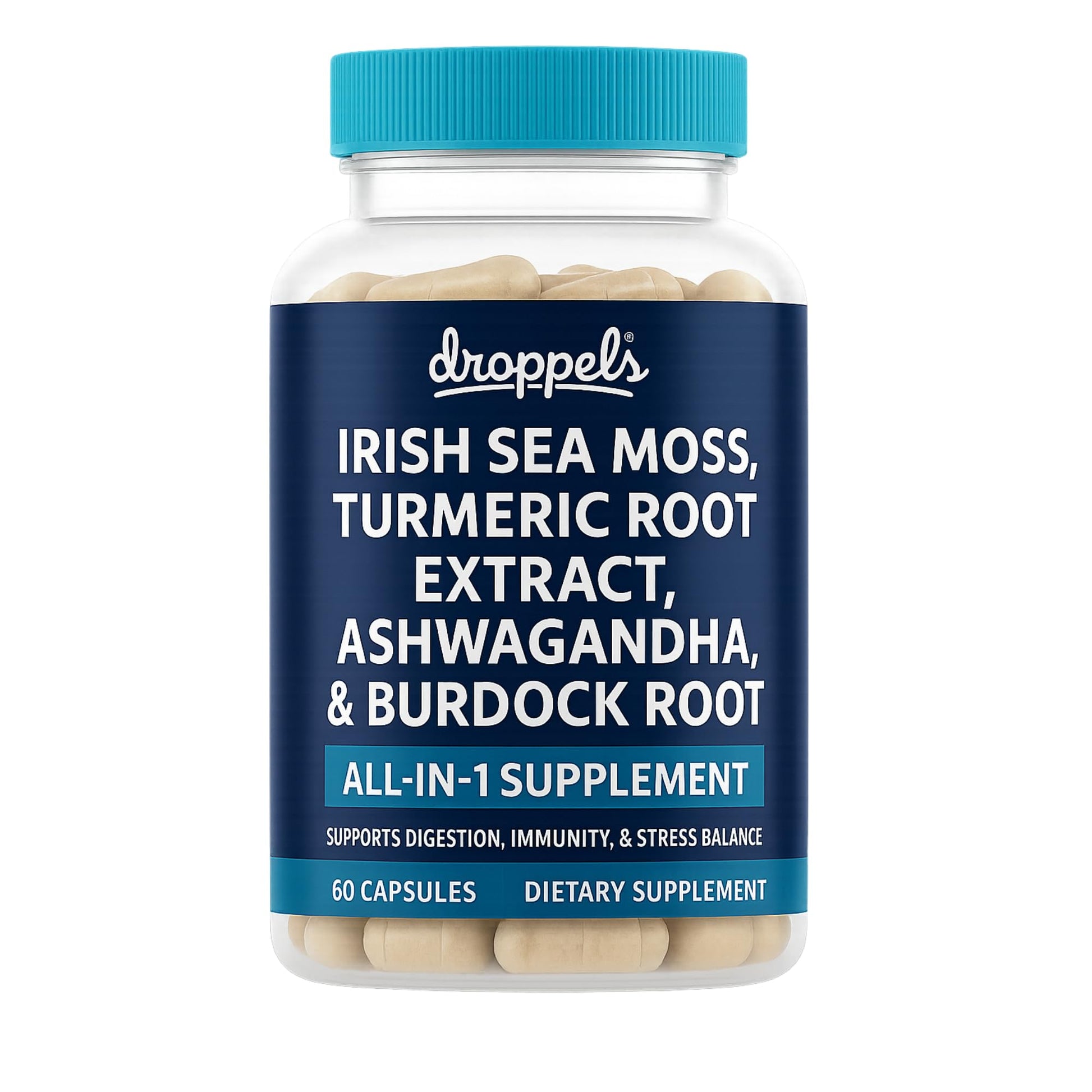 Droppels Irish Sea Moss Capsules with Turmeric Root, Ashwagandha, Black Pepper & Burdock Root – Natural Mineral Blend for Immune, Digestion, Joint & Energy Support – Vegan, Non-GMO – 60 Capsules Droppels uk supplements