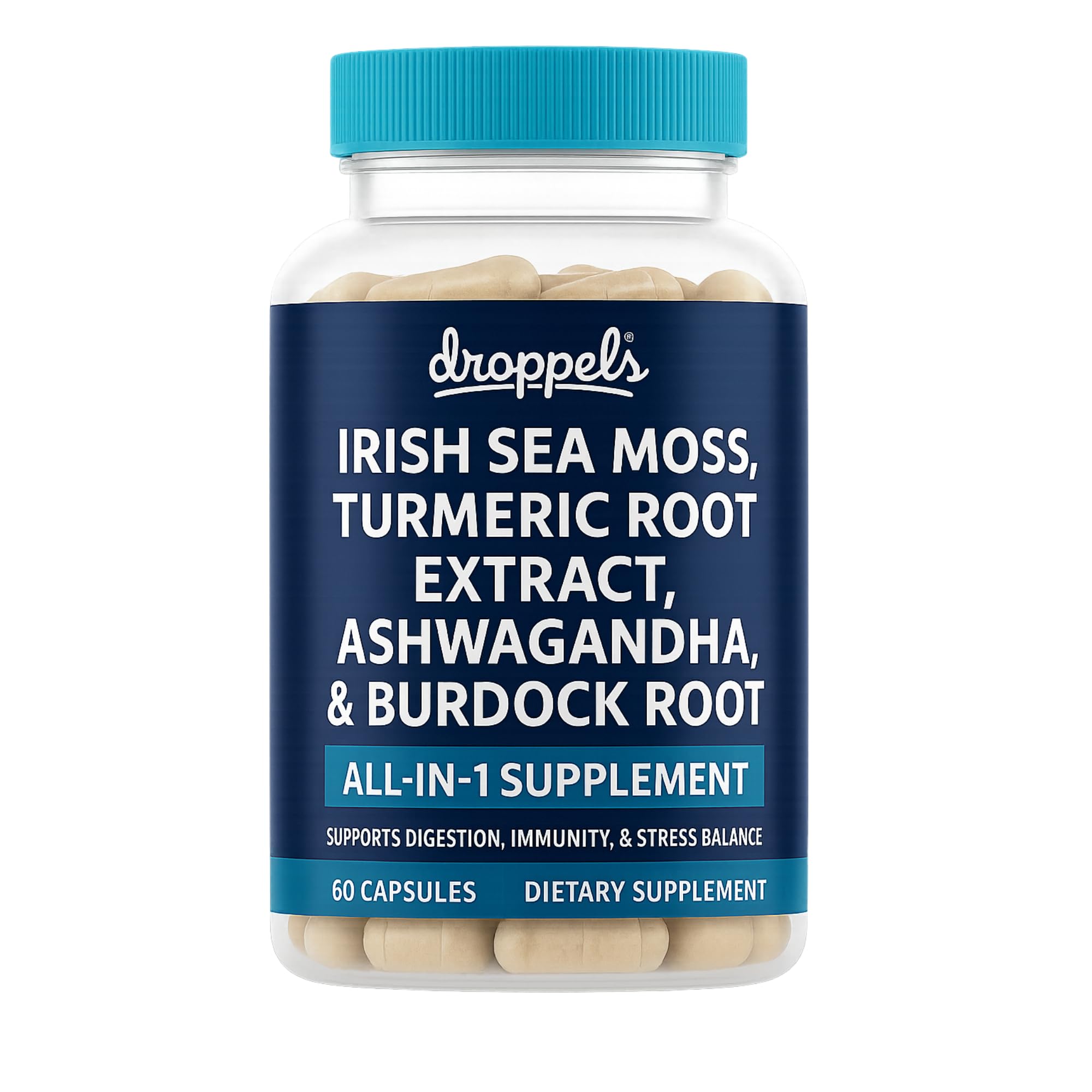 Droppels Irish Sea Moss Capsules with Turmeric Root, Ashwagandha, Black Pepper & Burdock Root – Natural Mineral Blend for Immune, Digestion, Joint & Energy Support – Vegan, Non-GMO – 60 Capsules Droppels uk supplements