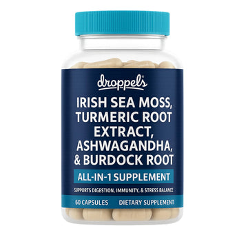 Droppels Irish Sea Moss Capsules with Turmeric Root, Ashwagandha, Black Pepper & Burdock Root – Natural Mineral Blend for Immune, Digestion, Joint & Energy Support – Vegan, Non-GMO – 60 Capsules Droppels uk supplements