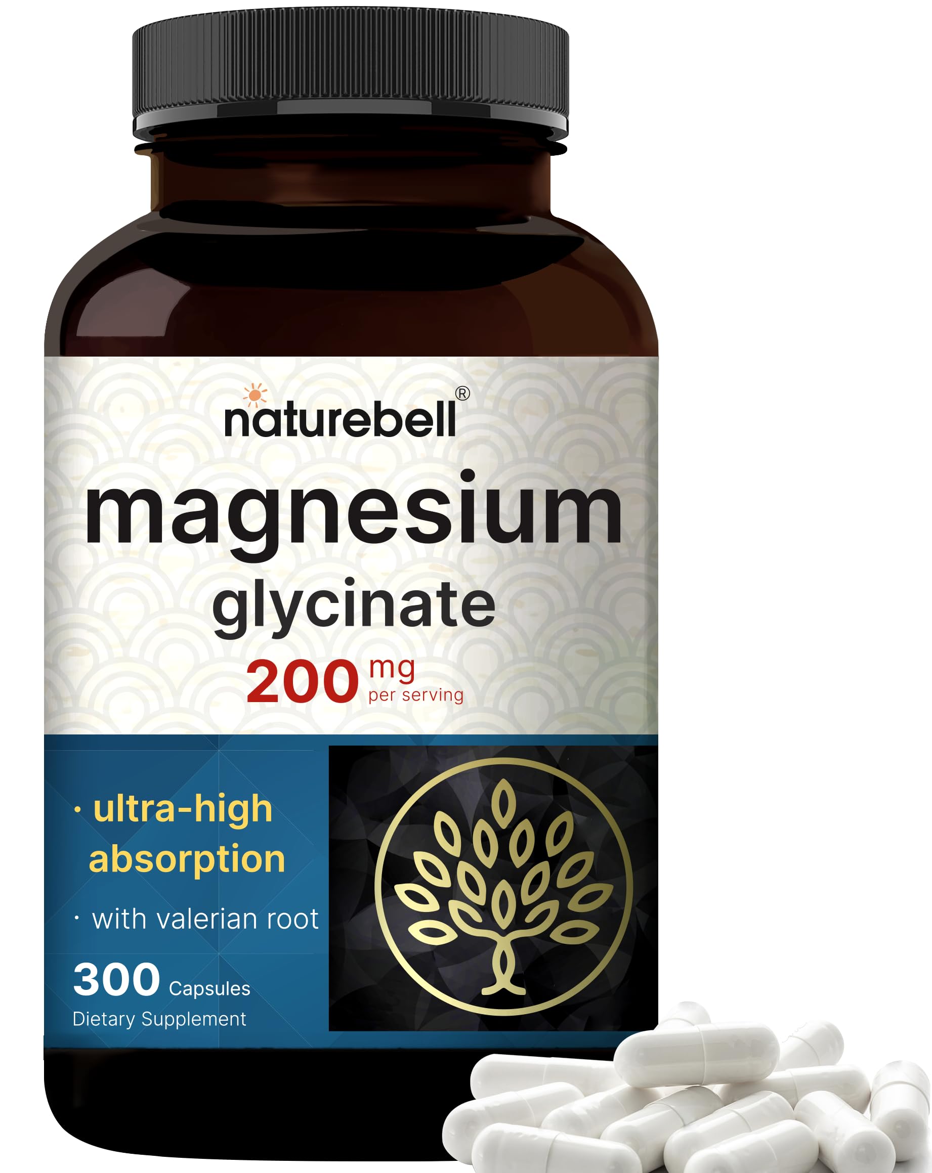Pure Magnesium Glycinate for Sleep, 200mg with Valerian Root, 300 Capsules | 100% Chelated & Purified Mineral Supplement – Ultra High Absorption – Non-GMO, Gluten Free NatureBell uk supplements