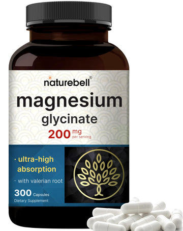 Pure Magnesium Glycinate for Sleep, 200mg with Valerian Root, 300 Capsules | 100% Chelated & Purified Mineral Supplement – Ultra High Absorption – Non-GMO, Gluten Free NatureBell uk supplements
