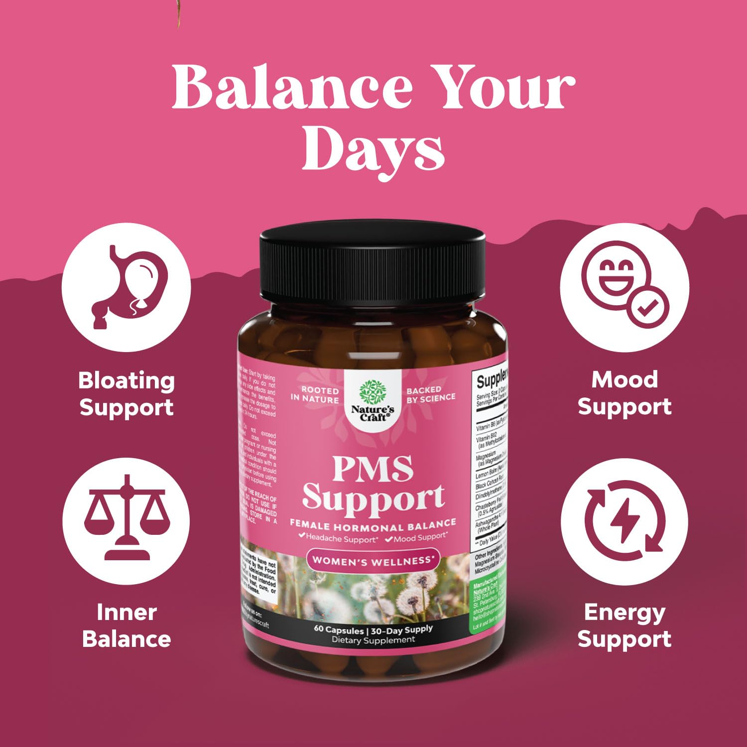 PMS Support Supplement for Women – Hormone Balance for Women & Menstrual Discomfort with DIM, Chasteberry, Black Cohosh & Ashwagandha - for Period Cramps Ease, Menopause Bloating, Mood Swing – 60 Ct Natures Craft uk supplements