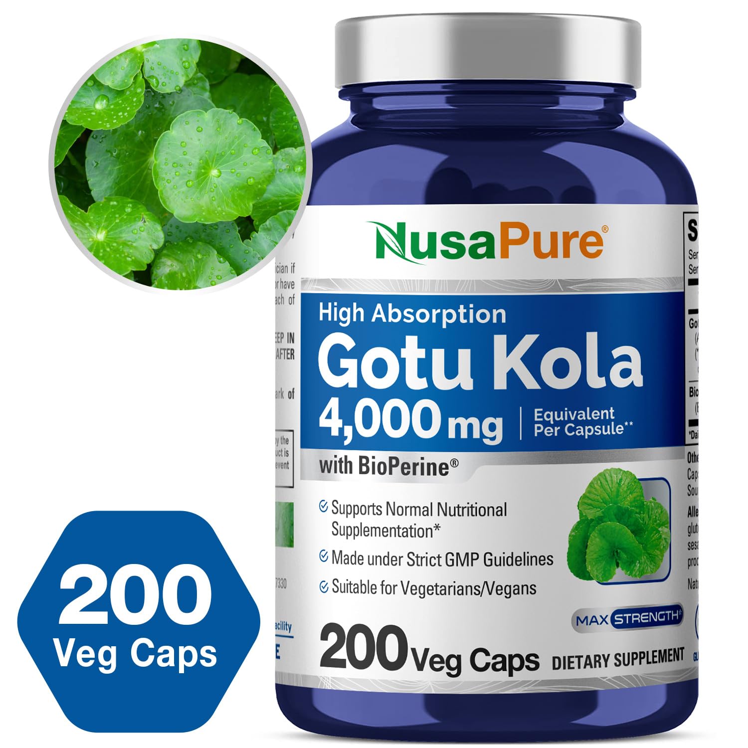 NusaPure Gotu Kola Capsules 20:1 Extract, 200 mg Equivalent to 4000mg Per Veggie Caps, 200 Count, Non-GMO, Vegan, Bioperine - Traditional Herb Extract NusaPure uk supplements