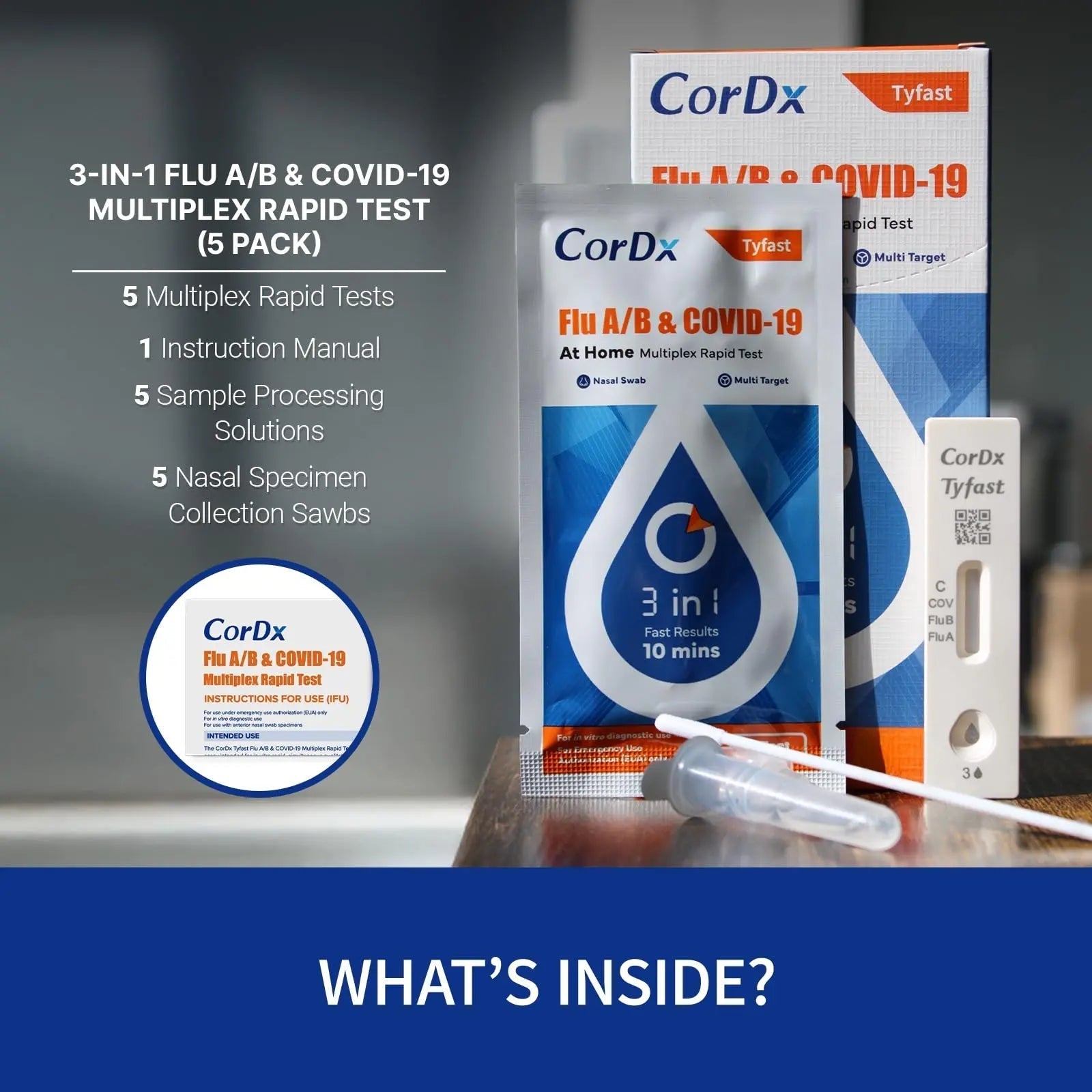 CorDx TyFast at Home Flu A/B & COVID-19 Multiplex Rapid Test Kit, Easy, Accurate, Fast Results in 10 Minutes, 3 in 1 Combo Kit, 5 Tests CorDx uk supplements