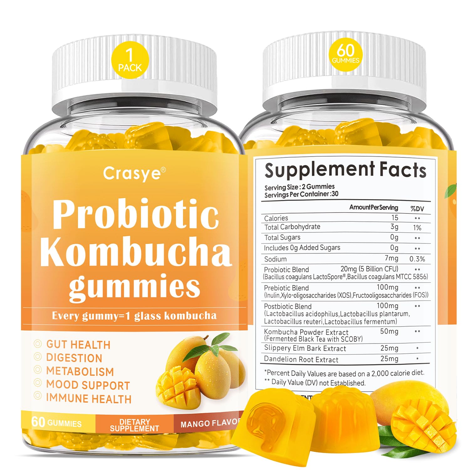 Crasye Probiotic Kombucha Gummies Sugar Free Prebiotic Postbiotic Probiotics Gummies with Slippery Elm for Women and Men Bloating Gut Health Immune and Digestive Support - 60 Gummies - 30 Servings Crasye uk supplements
