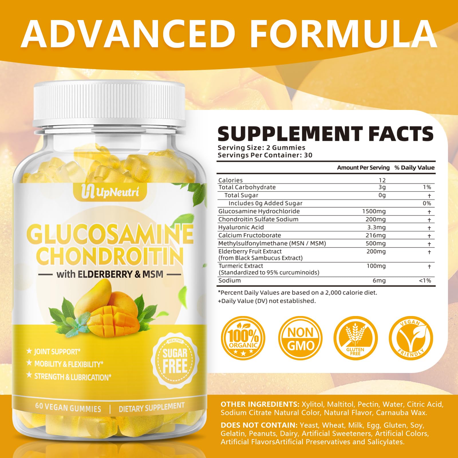 Sugar Free Glucosamine Chondroitin Gummies, Extra Strength 1500mg Glucosamine UPNEUTRI uk supplements