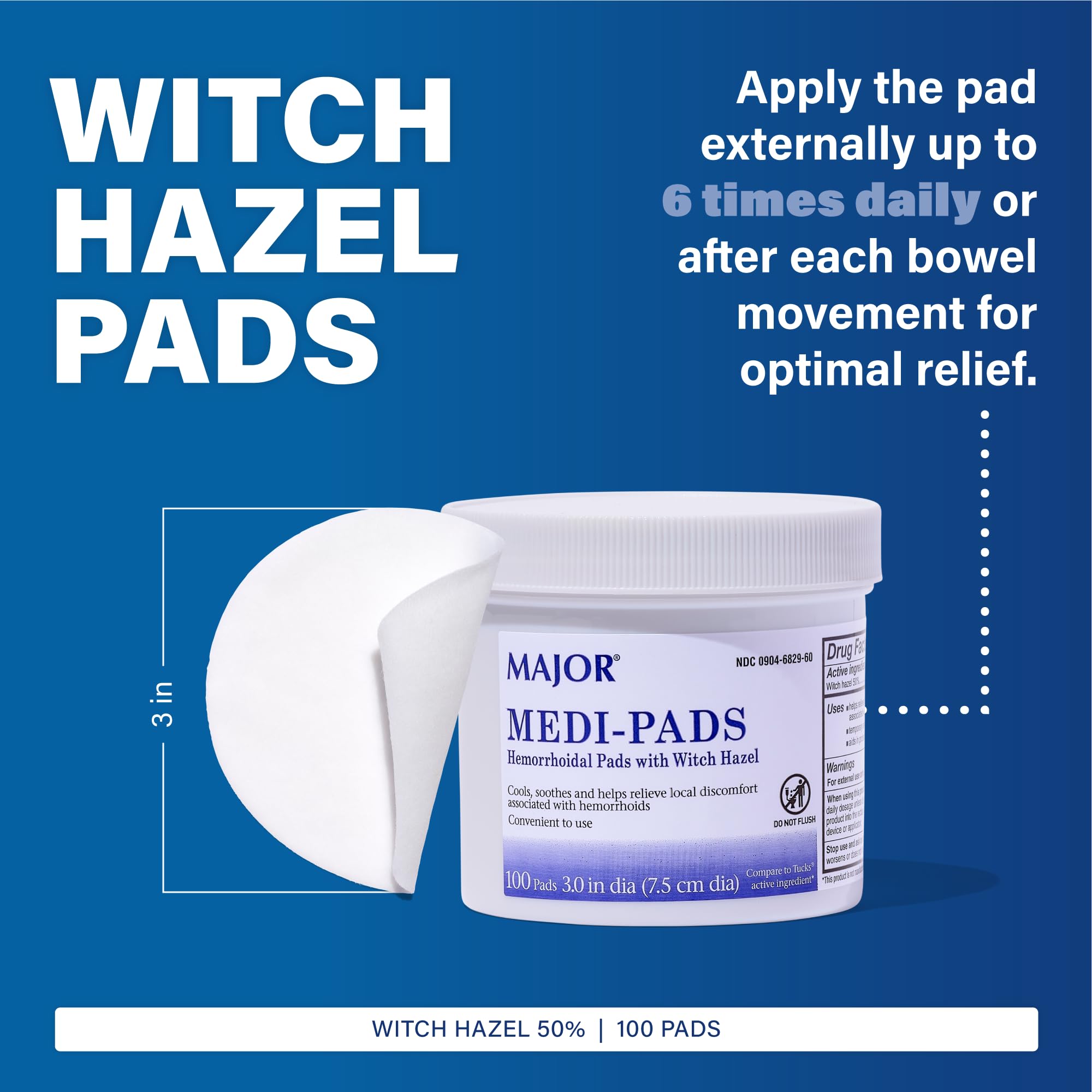 MAJOR Medi-Pads - Hemorrhoidal Hygienic Cleansing Witch Hazel Pads - Cooling Relief with Aloe - 100 Count Jar (1 Pack) MAJOR uk supplements