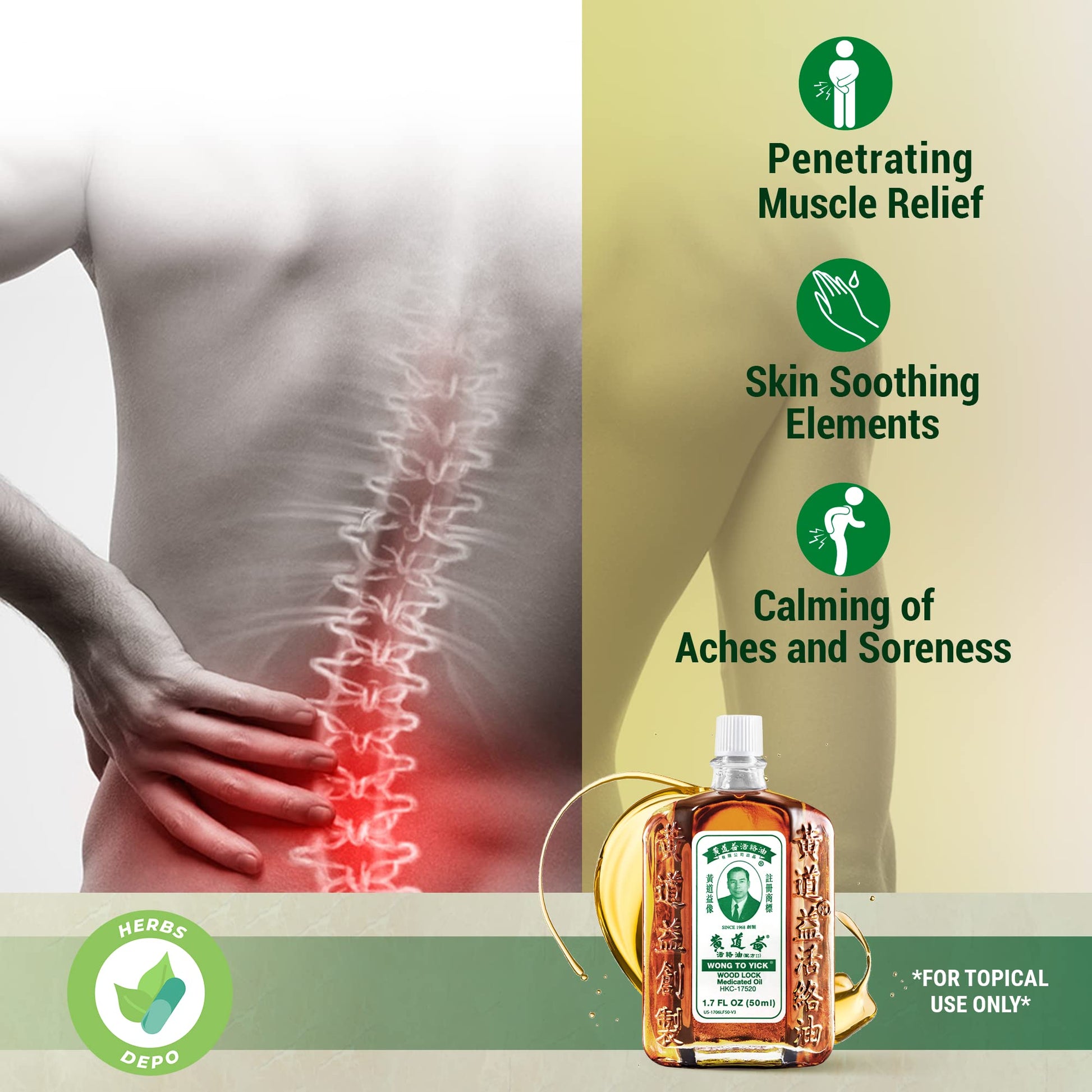 Wong to Yick - Wood Lock Medicated Oil - Herbal Pain Relief for Muscular Aches, Sprains, Shoulder and Back Pain - for Sports Recovery, Soreness - 1.7 Fl Oz - 50 ML (1 Pack) 100% Authentic HerbsDepo uk supplements