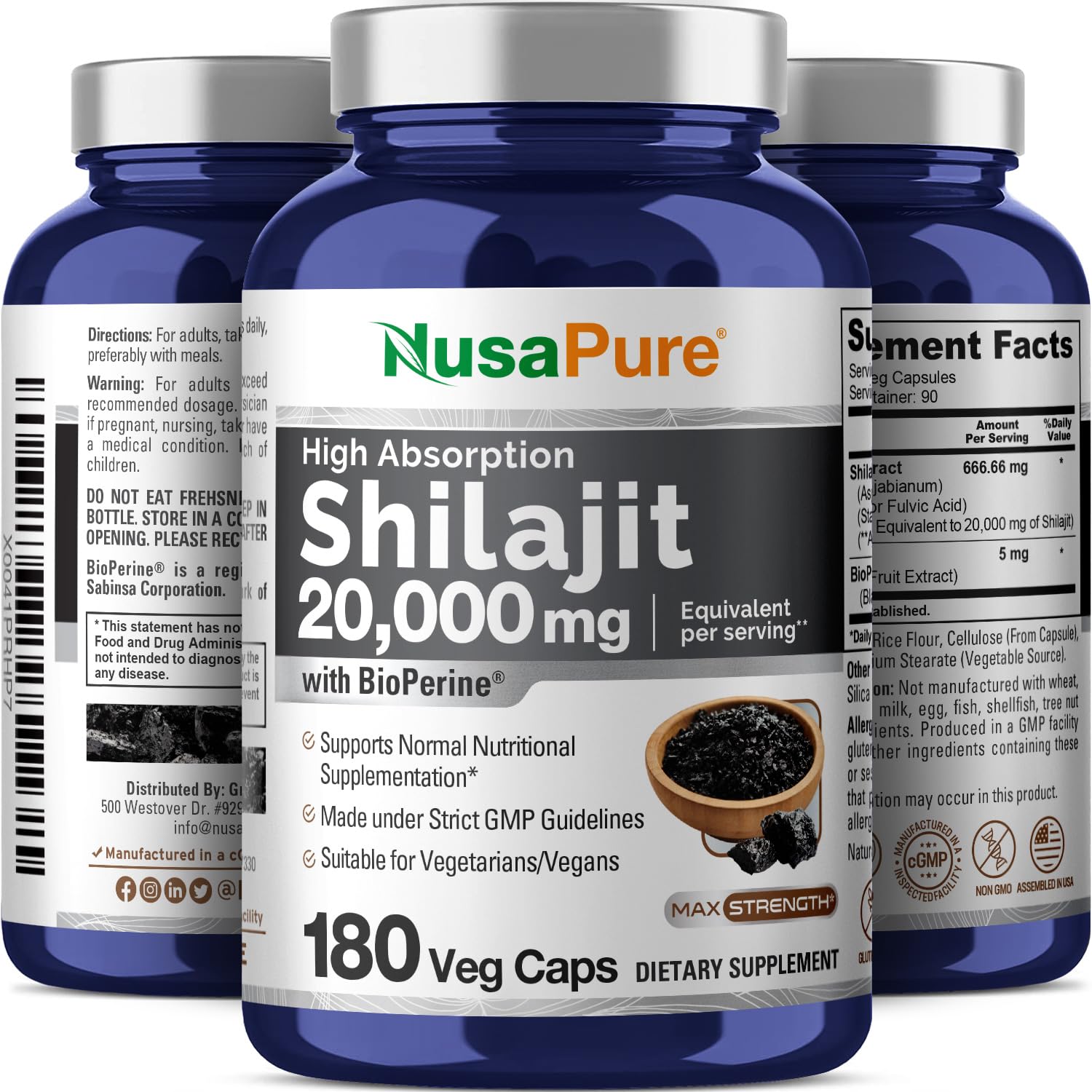 NusaPure Shilajit 20,000mg per Serving, 180 Veggie Caps, Non-GMO, Gluten Free, Bioperine NusaPure uk supplements