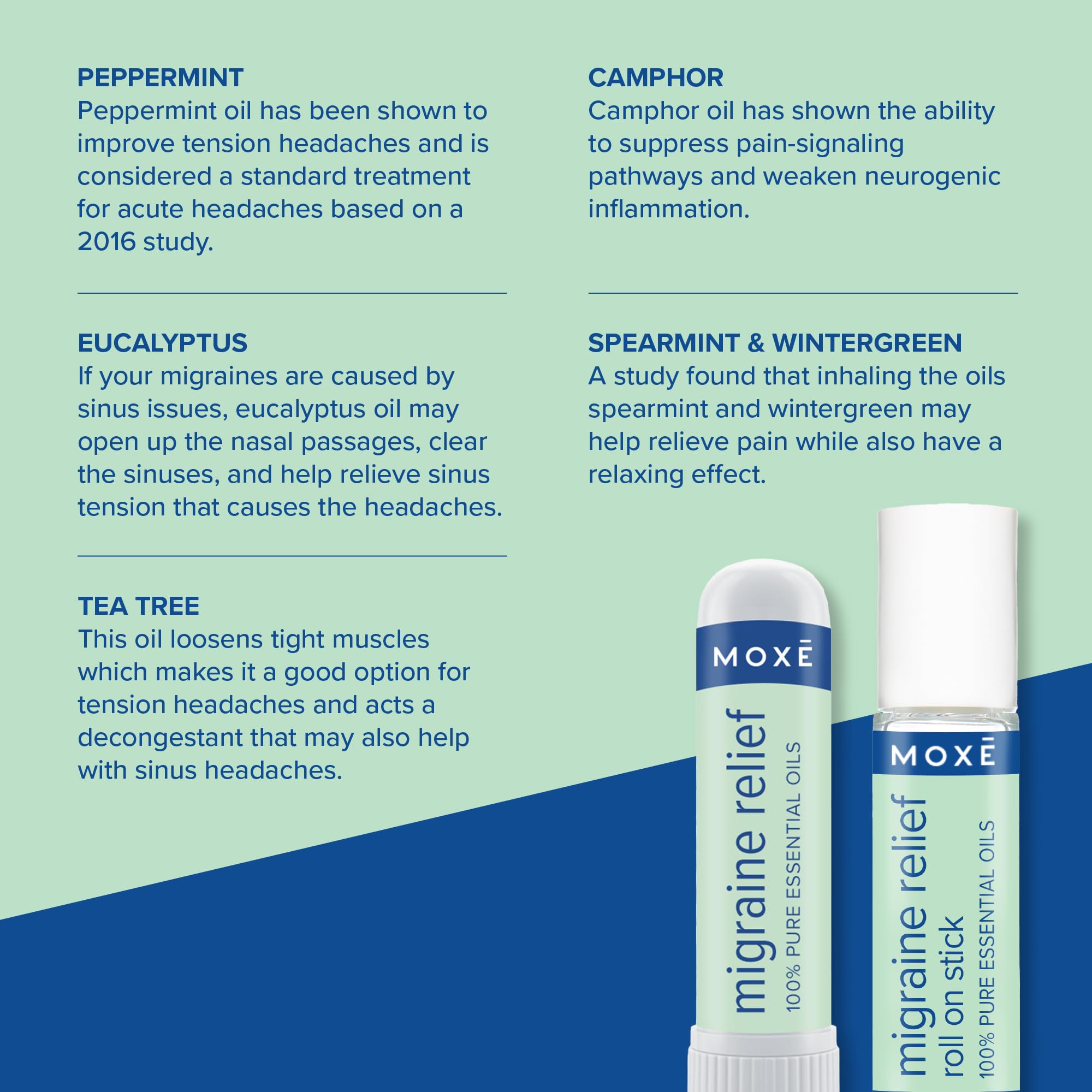 MOXE Migraine Rollon Stick & Nasal Inhaler, Fast Cooling Comfort for Headaches & Tension, Non-Medicated Soothing Vapors, Peppermint, Eucalyptus, and Other Essential Oils, Metal Roller, Made in USA MOXE uk supplements