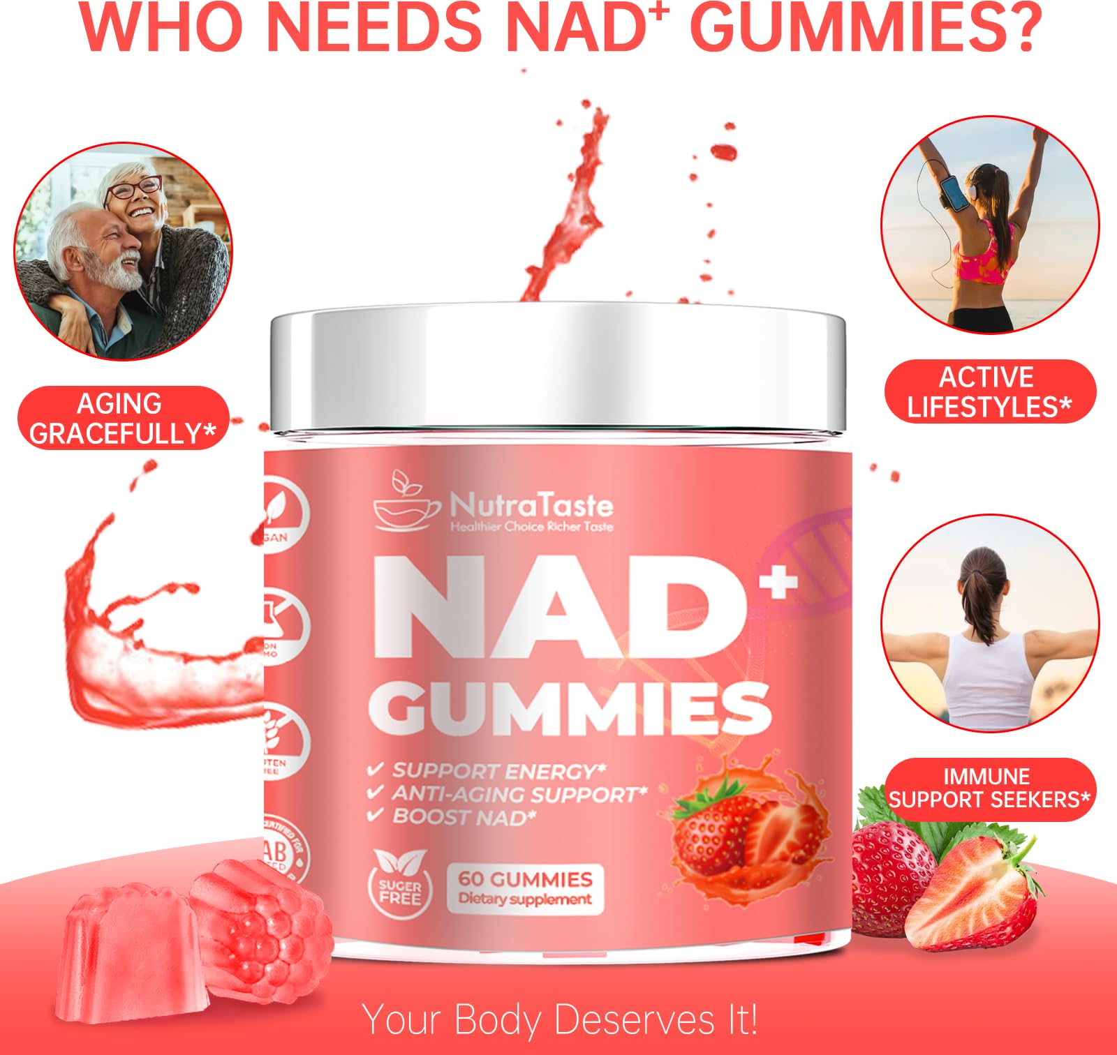 NUTRATASTE HEALTHIER CHOICE RICHER TASTE NAD⁺ Gummies Supplement for Anti-Aging, Energy & Focus Boost | Resveratrol, Nicotinamide Riboside | Strawberry Flavor, Vegan, Sugar-Free,60 Count (Pack of 1) NUTRATASTE HEALTHIER CHOICE RICHER TASTE uk supplements