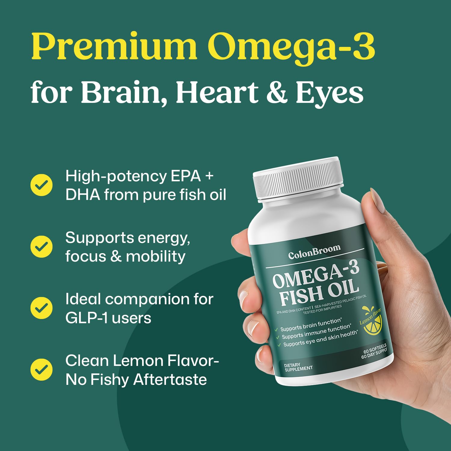 ColonBroom Omega 3 Fish Oil 2640 mg Softgels | Lemon Flavor | Daily Fish Oil Omega-3 Supplement for Women & Men with EPA & DHA | Gluten-Free, Non-GMO, Natural (60 Softgels, 2 Month Supply) ColonBroom uk supplements