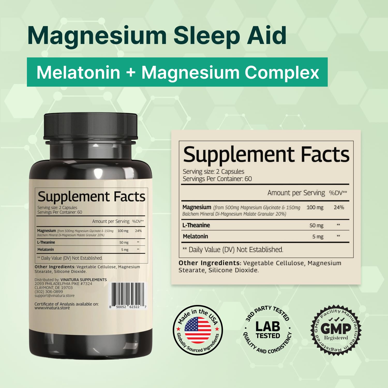 Magnesium Sleep Aid - Magnesium Glycinate Complex for Sleep with Melatonin Supplement - Glycinate 500mg, L-Theanine - 120 Capsules VINATURA uk supplements