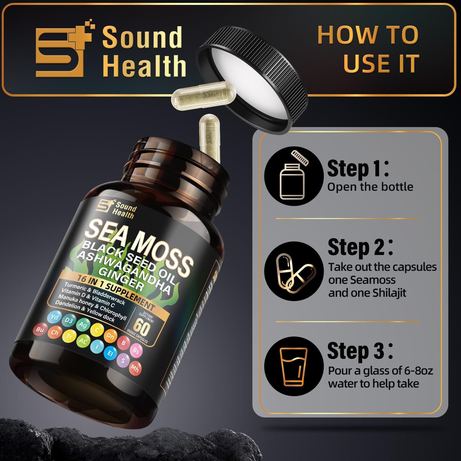 Sea Moss Capsules with Ashwagandha, Turmeric, Bladderwrack, Vitamins C & D for Natural Energy, Sleep Support & Hair Growth, 1200mg Herbal Blend, for Man & Women, Third-Party Tested，16-in-1 Supplement SoundHealth uk supplements