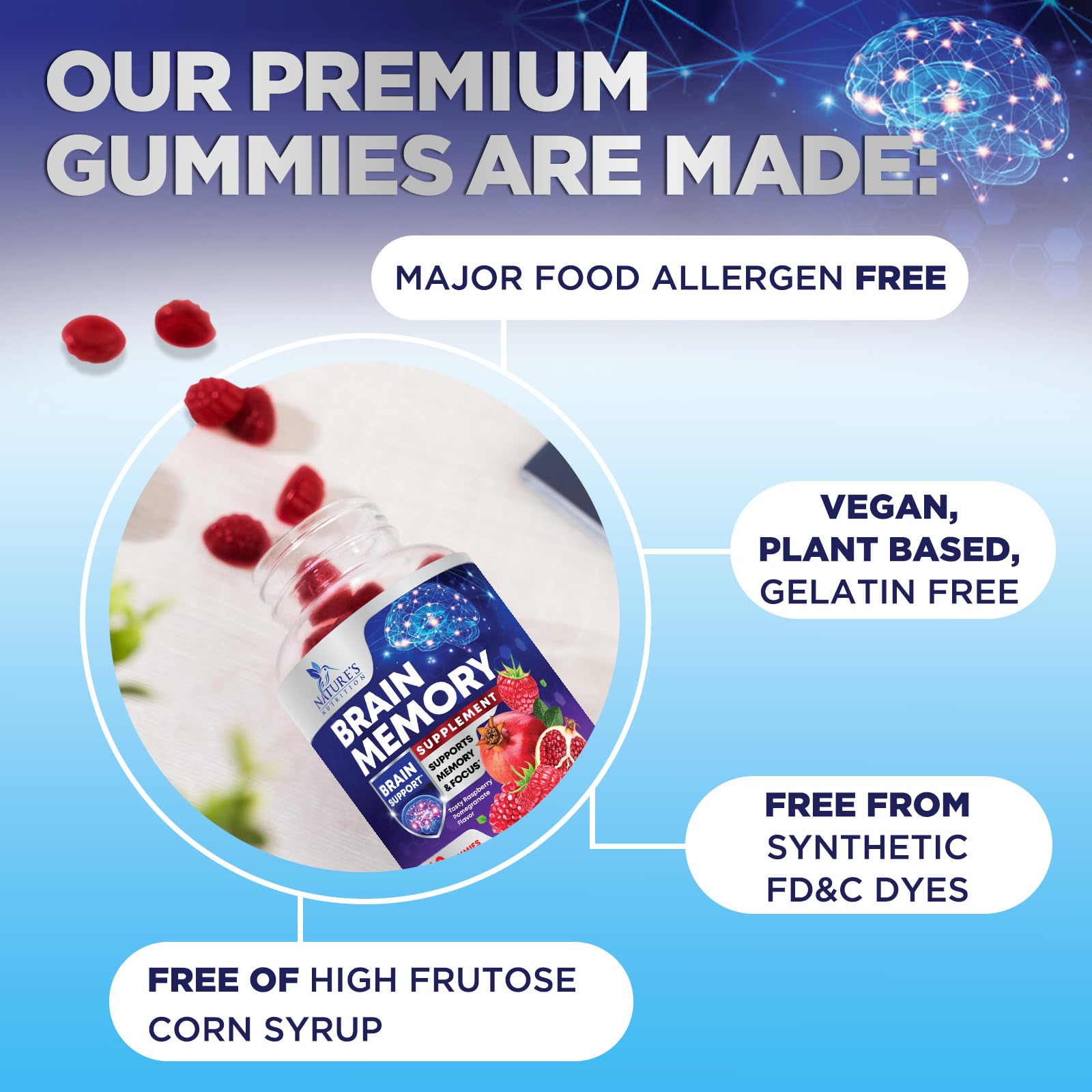 Brain Supplements for Memory & Focus Gummies - Brain Health Clarity with B6 B12 & Phosphatidylserine - Natural Nootropics Cognitive Concentration & Alertness Support Vitamins - 60 Vegan Gummies Nature's Nutrition uk supplements