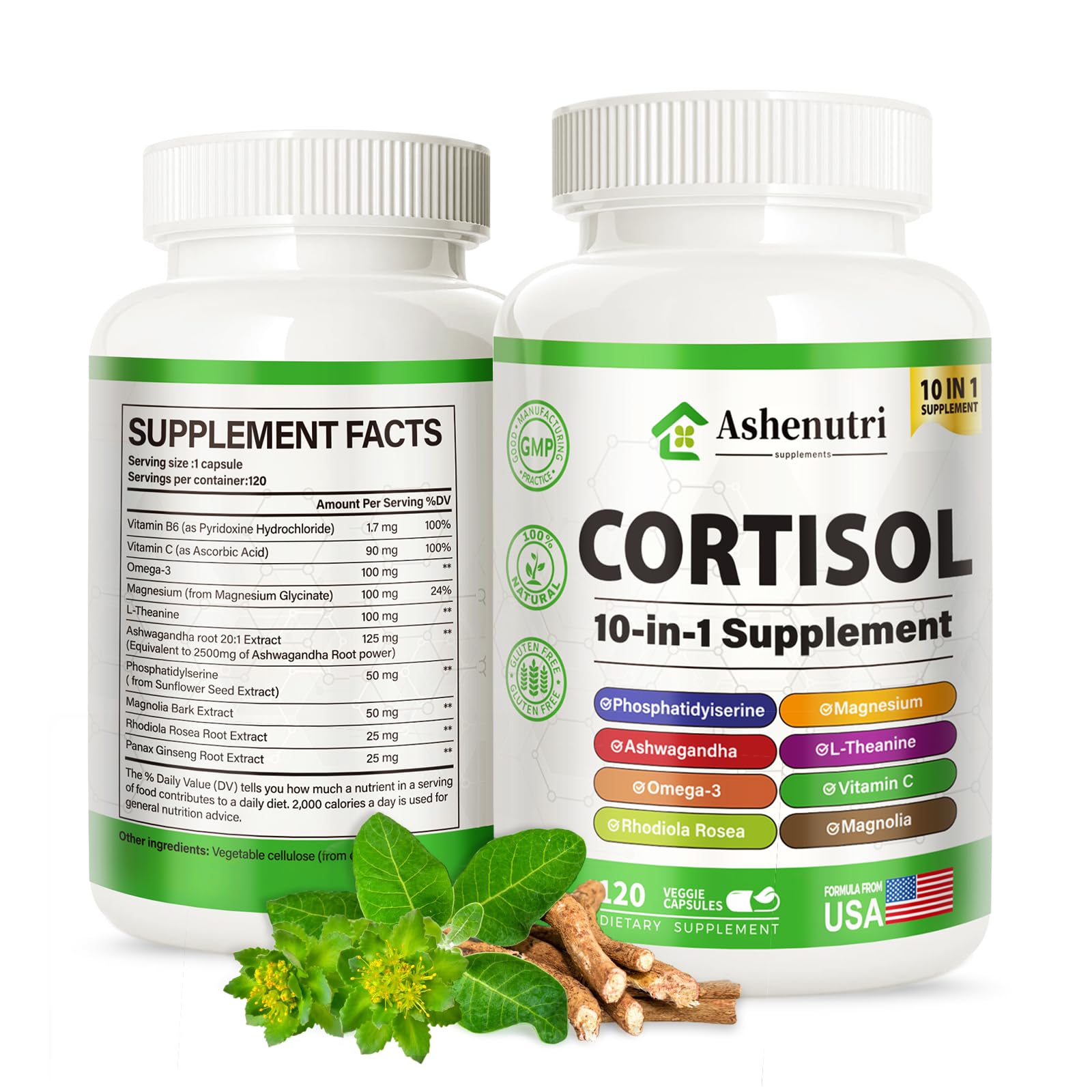 Ashenutri 10-in-1 Cortisol Supplement with Magnesium,Ashwagandha,Rhodiola Rosea,L Theanine,Hormone Balance for Women 120 Vegan Capsules Ashenutri uk supplements