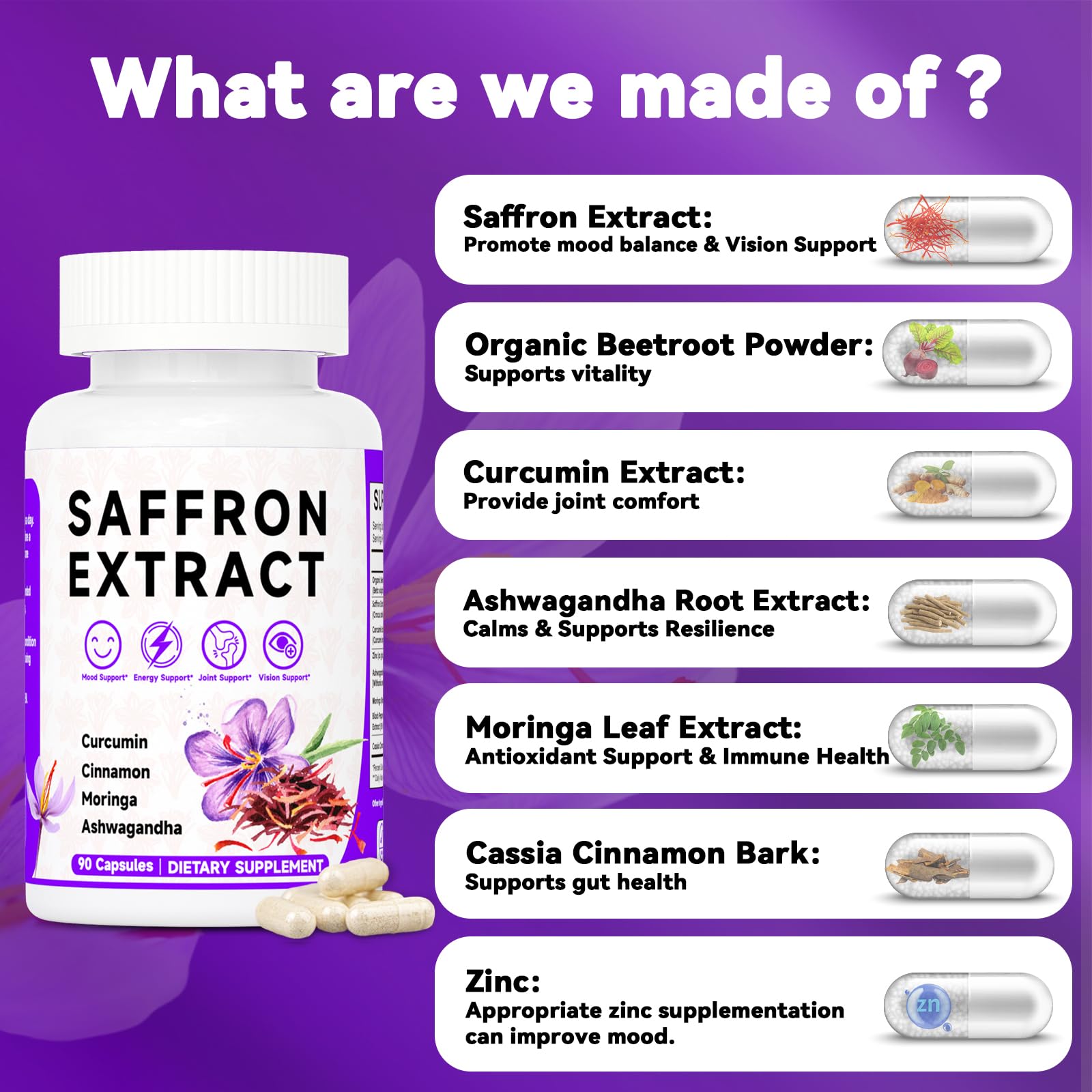 Happy Saffron Supplements, 100mg Saffron Extract, Saffron Blend with Turmeric & Ashwagandha, Supports Mood, Focus, and Energy Boost, 90 Capsules Mosslly uk supplements