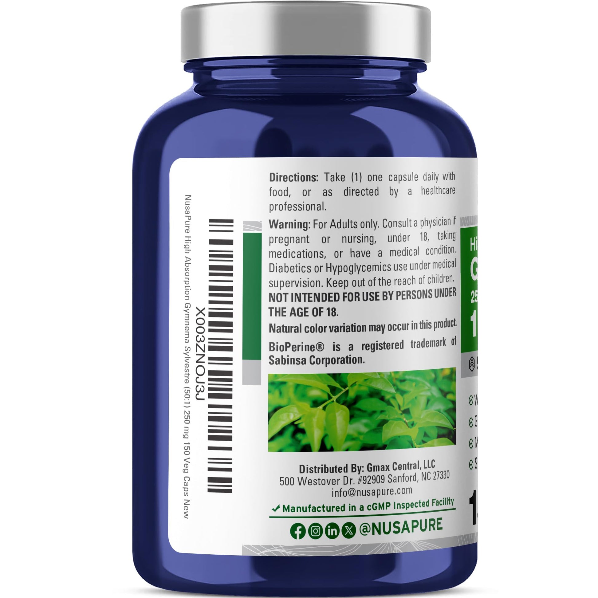 NusaPure Gymnema Sylvestre 50:1 Extract, 250 mg Equivalent to 12,500mg Per Vegan Caps - 150 Count (Non-GMO, Vegan, Bioperine) NusaPure uk supplements