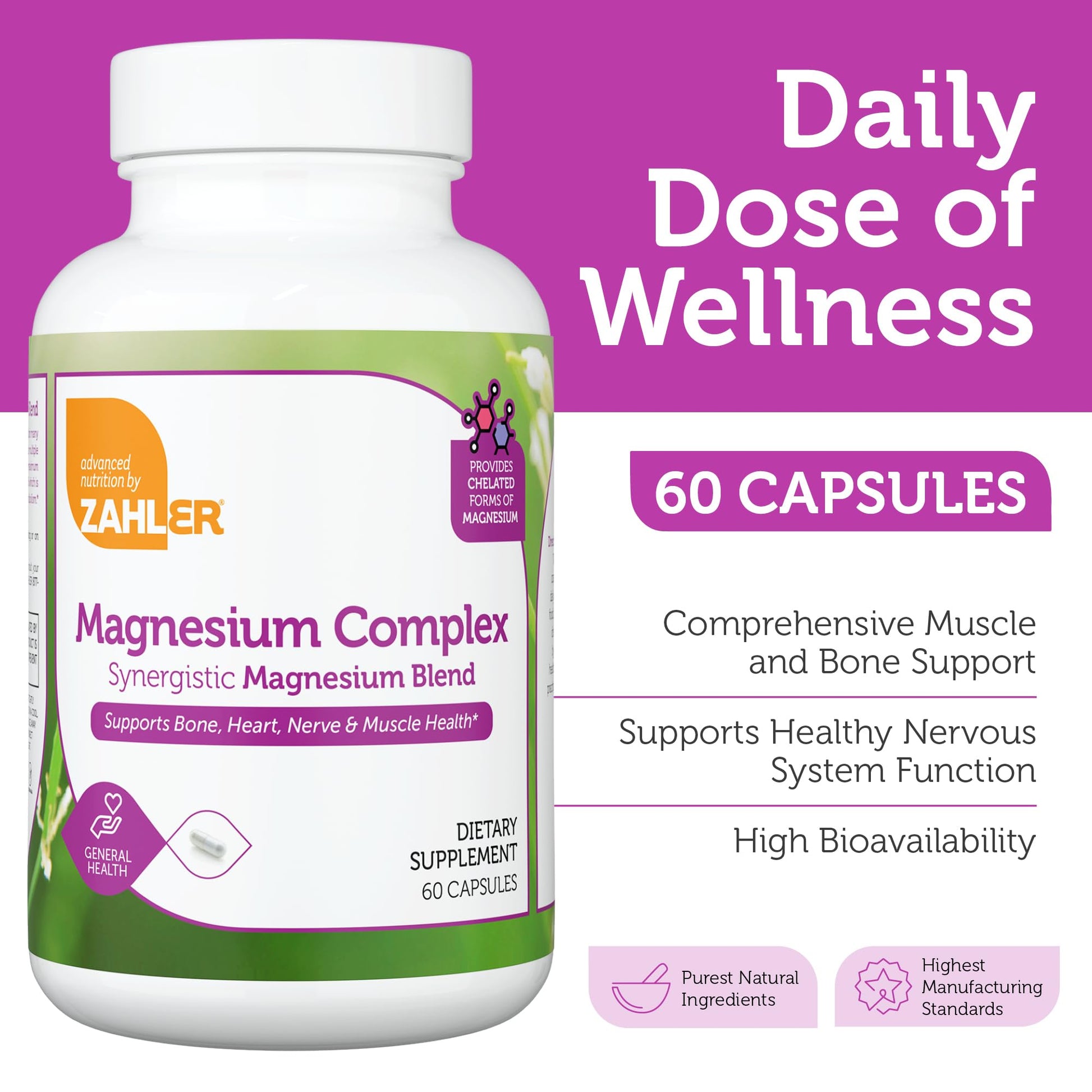 Zahler Magnesium Complex Supplement - Multi Magnesium Supplement Blend with Magnesium Glycinate, Malate, Aspartate, Taurinate and Oxide Plus Vitamin B6 - Bone Nerve Heart & Muscle Health (60 Capsules) Zahler uk supplements