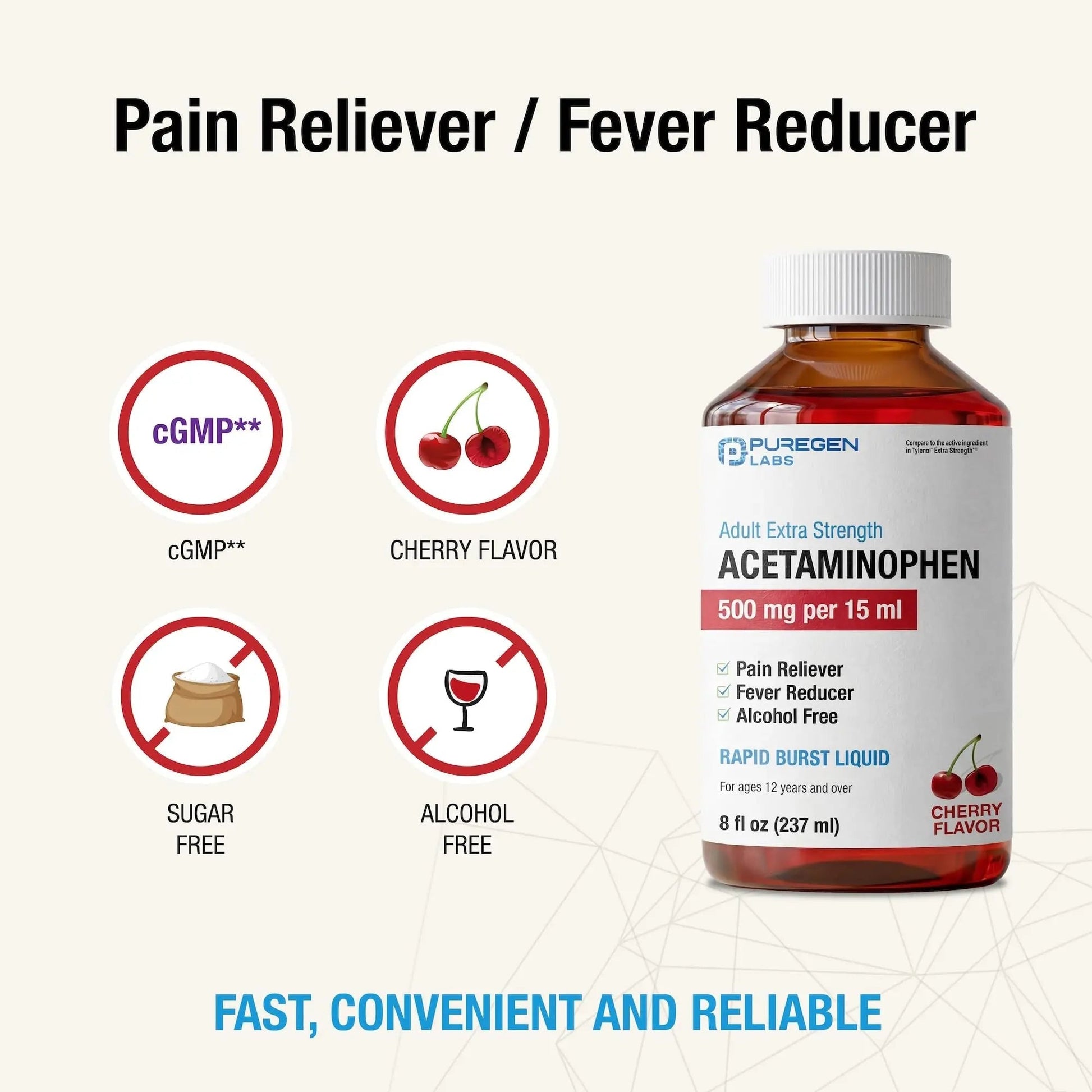 Puregen Labs Adult Extra Strength Acetaminophen Liquid 500mg/15ml - 8 fl oz Rapid Burst Pain Reliever/Fever Reducer, Cherry Flavor | Muscle & Joint Pain Relief | Arthritis Pain Relief P Puregen Labs uk supplements