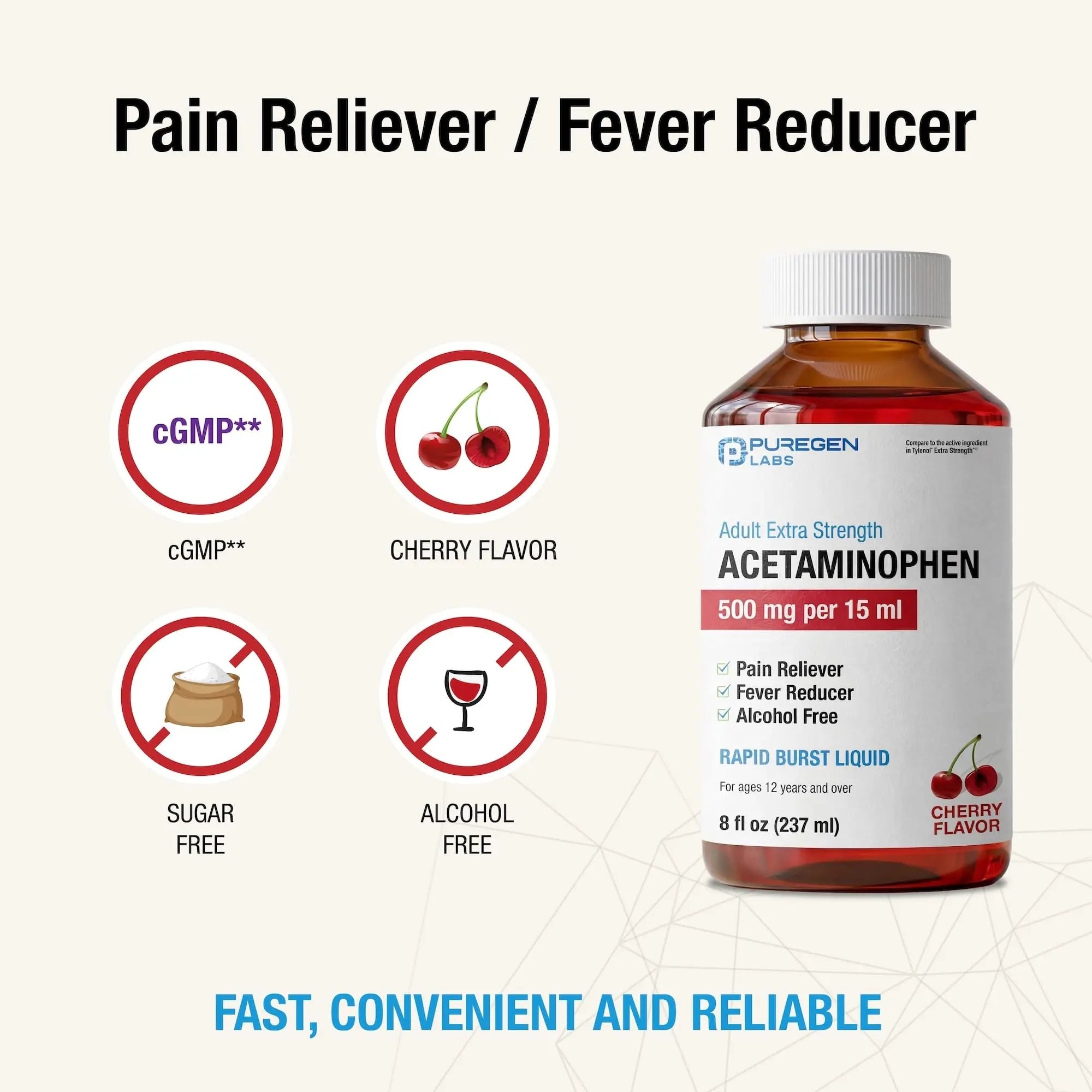 Puregen Labs Adult Extra Strength Acetaminophen Liquid 500mg/15ml - 8 fl oz Rapid Burst Pain Reliever/Fever Reducer, Cherry Flavor | Muscle & Joint Pain Relief | Arthritis Pain Relief P Puregen Labs uk supplements