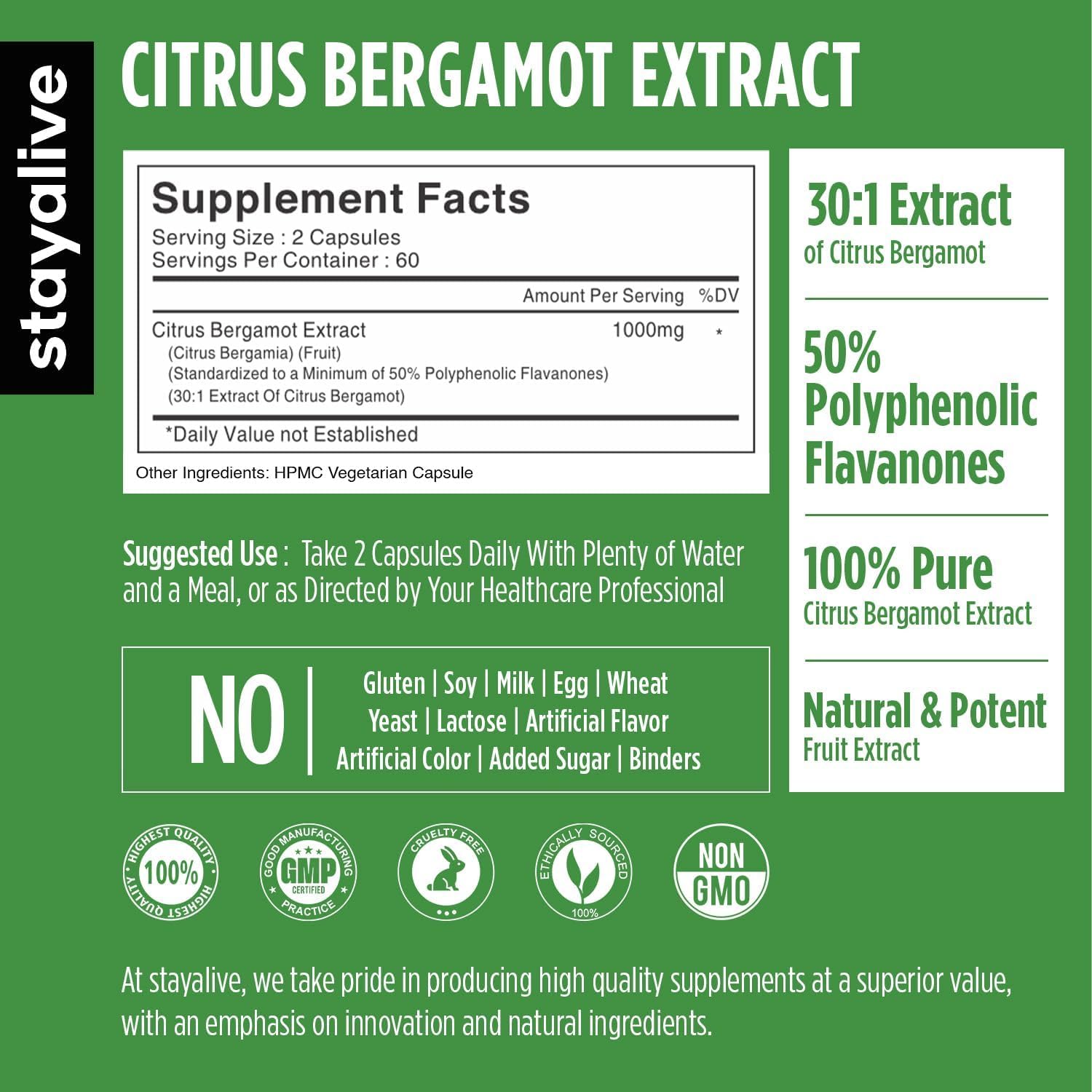 STAY ALIVE Citrus Bergamot Capsules 1000mg, 30:1 Super Extract with 50% Polyphenolic Flavanones, 120 Pills, Citrus Bioflavonoids Supplements for Women & Men | Non-GMO, Gluten-Free STAY ALIVE uk supplements