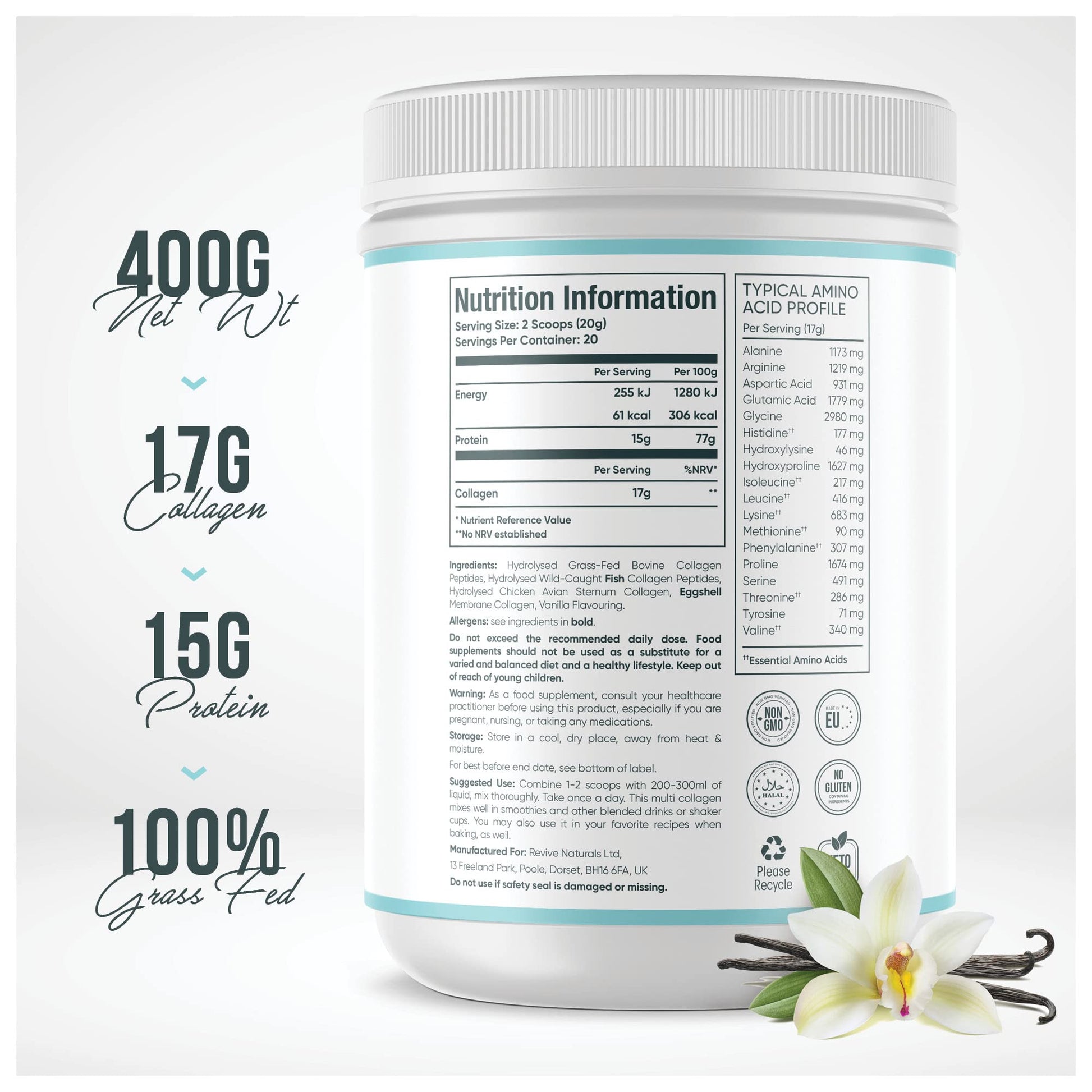 Vanilla Multi Collagen Protein Powder - 400g - Unsweetened - 5 Types of Collagen Peptides Revive Naturals uk supplements