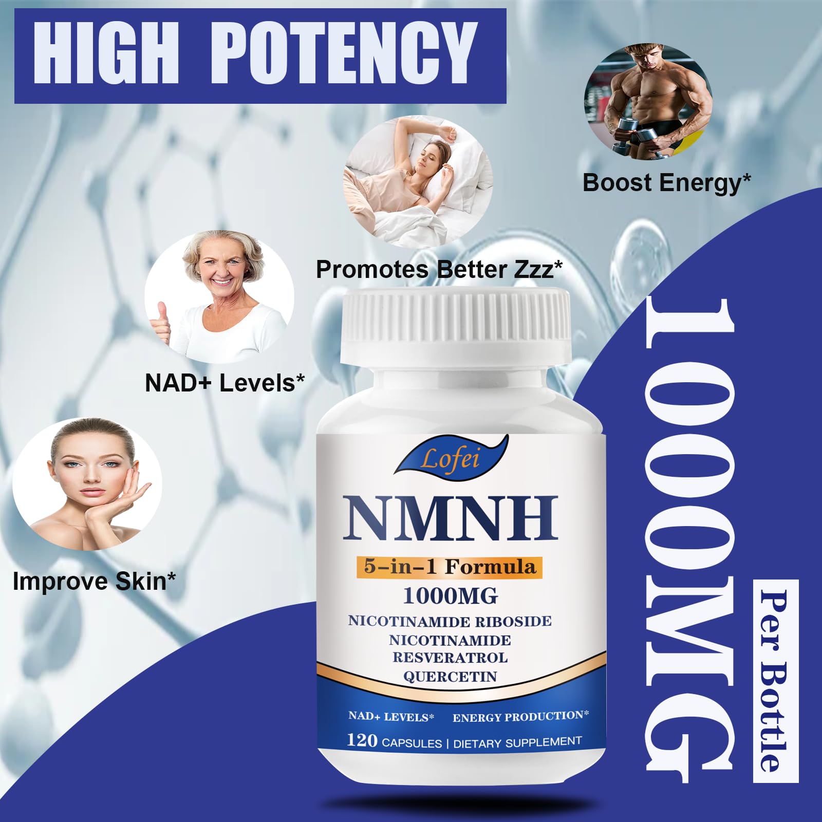 NMNH (Dihydronicotinamide Mononucleotide),NMNH Supplement 1000mg Pure Nicotinamide Mononucleotide Boosts NAD+ Levels, NAD Supplement,for Energy,Immune,Non-GMO, Gluten Free,120 Capsules Lofei uk supplements