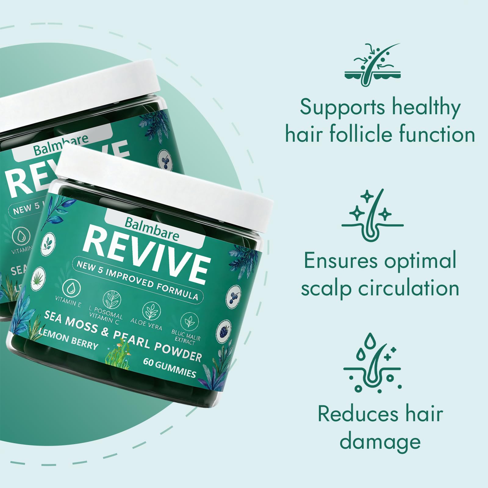 Balmbare Revive Gummies for Hair Loss, with Organic Irish Sea Moss Pearl Powder, Vitamins C & E, Aloe Vera - Supports Healthy Hair, Skin & Nails Growth (1pcs) ReviveNerve uk supplements