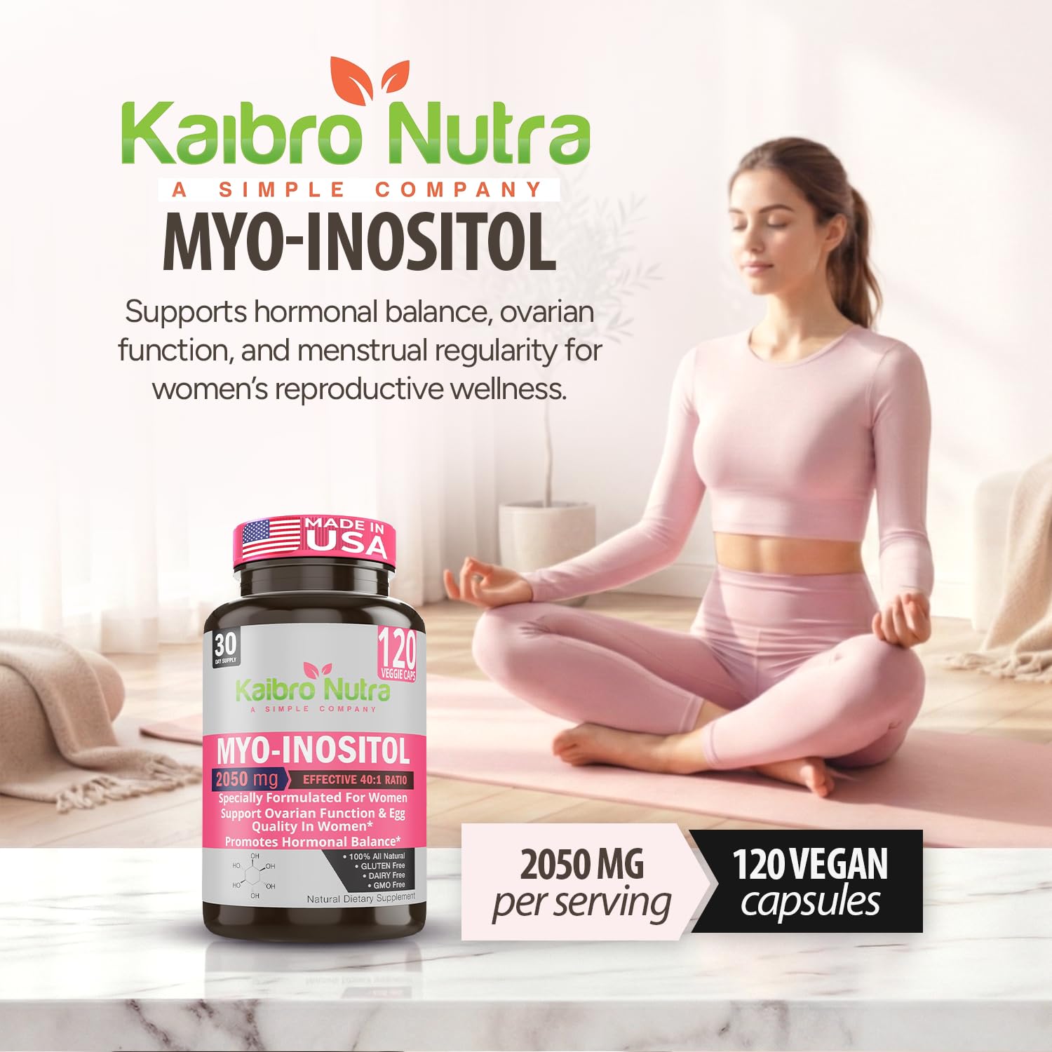 Kaibro Nutra Myo-Inositol Supplement, Myo-Inositol & D-Chiro Inositol 40:1 Ratio, Hormone Balance & Ovarian Support for Women with Vitamin B8, 2050mg, Vegan, Non-GMO Capsules 120 Count Kaibro Nutra uk supplements