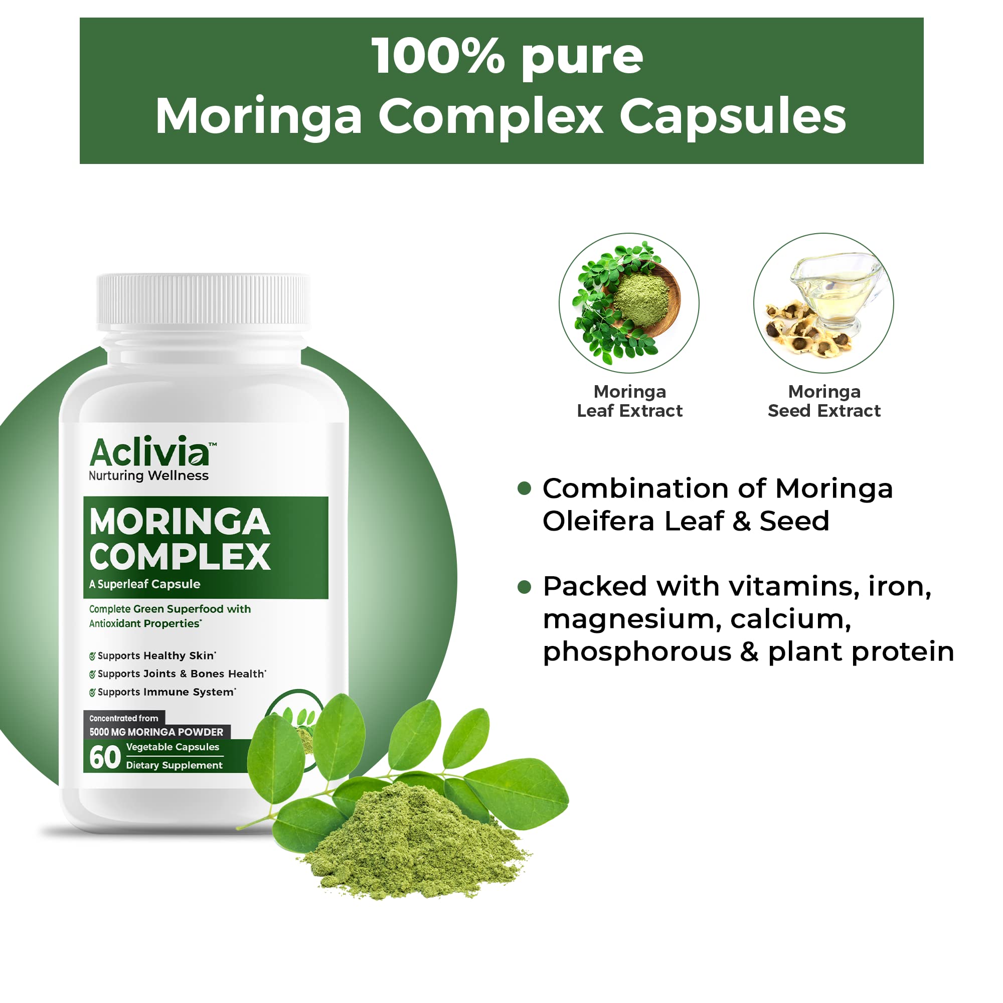 Aclivia - Moringa Complex - Maximum Strength Moringa Oleifera Leaf & Seed Supplement - Superfood Capsules with Antioxidant Properties - 5000mg - 60 Capsules Aclivia uk supplements
