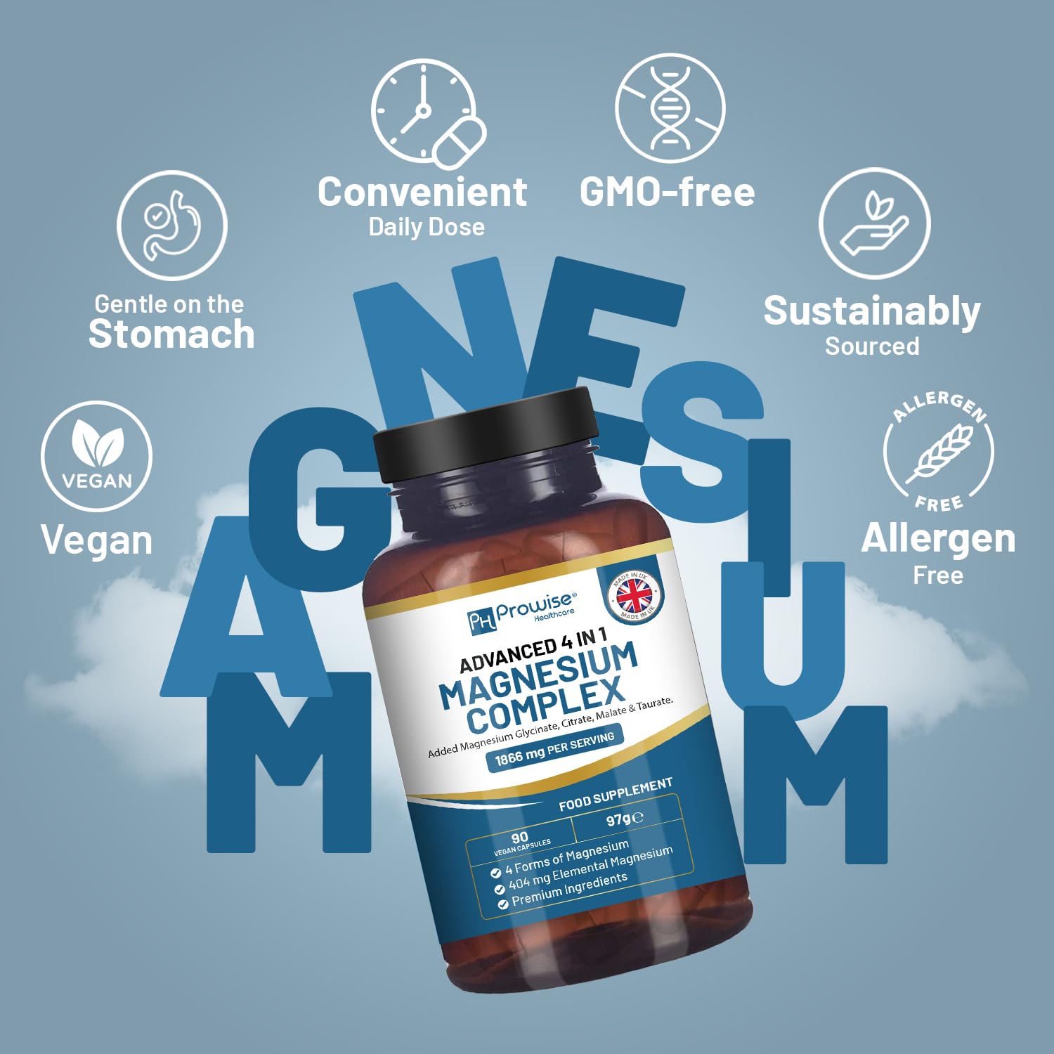 Magnesium Glycinate Complex 4 in 1-1866mg per Serving | Precise 404mg Elemental Magnesium dose | Added Magnesium Glycinate, Citrate, Malate & Taurate | 90 Vegan Capsules - by Prowise PH PROWISE Healthcare uk supplements