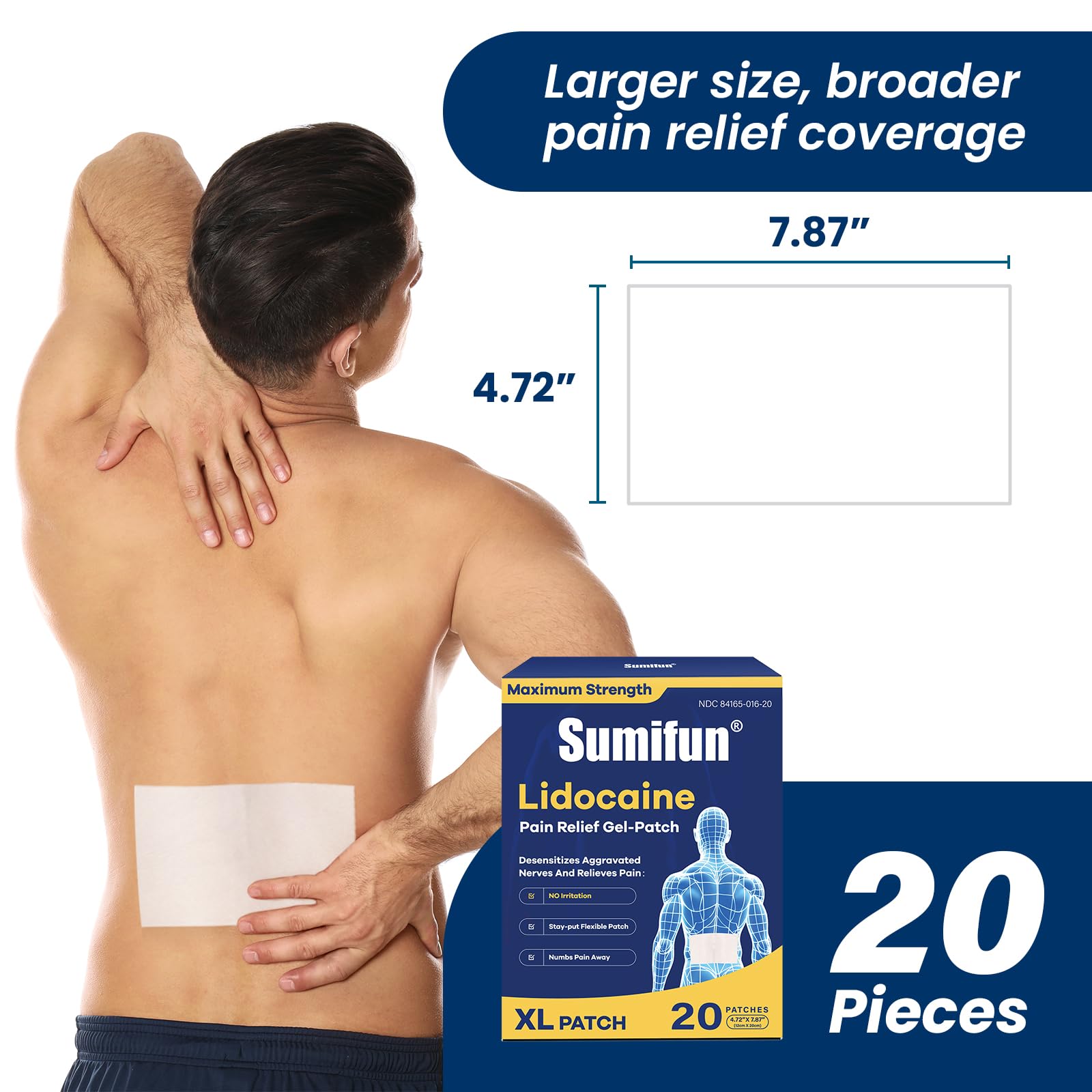 Sumifun XL Lidocaine Patches for Pain Relief, 4% Lidocaine Maximum Strength OTC, Extra Large 4.72"x7.87" for Full Back Pain Patches & Large Areas (Extra Large, Count, 20) Sumifun uk supplements