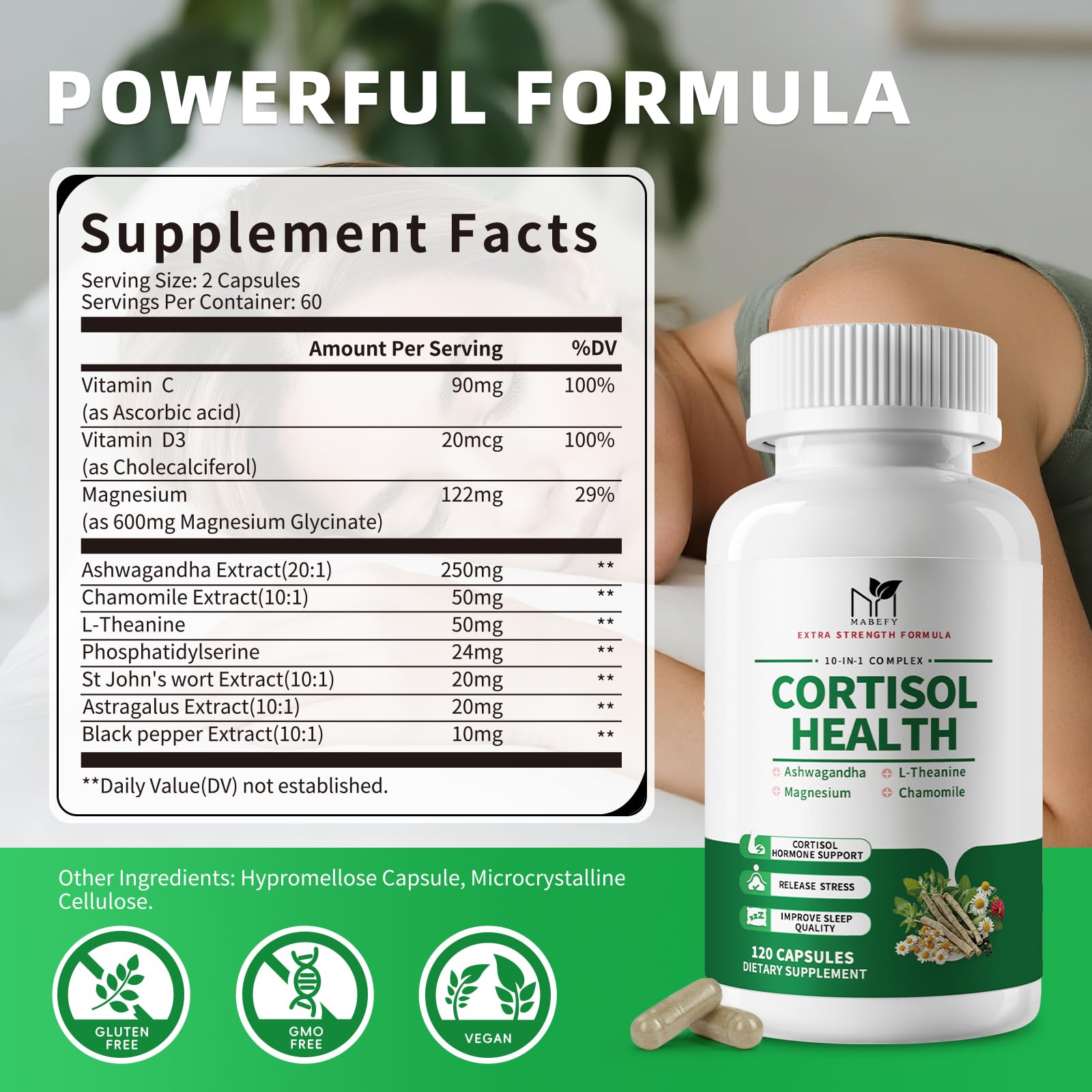 MABEFY Cortisol Supplements for Women/Men - 10 in 1 Cortisol Manager Reducer Lower Detox Balance with Magnesium, Ashwagandha, L-Theanine for Stress, Sleep, Calm, Mood Support - 60 Capsules for 30 Days MABEFY uk supplements