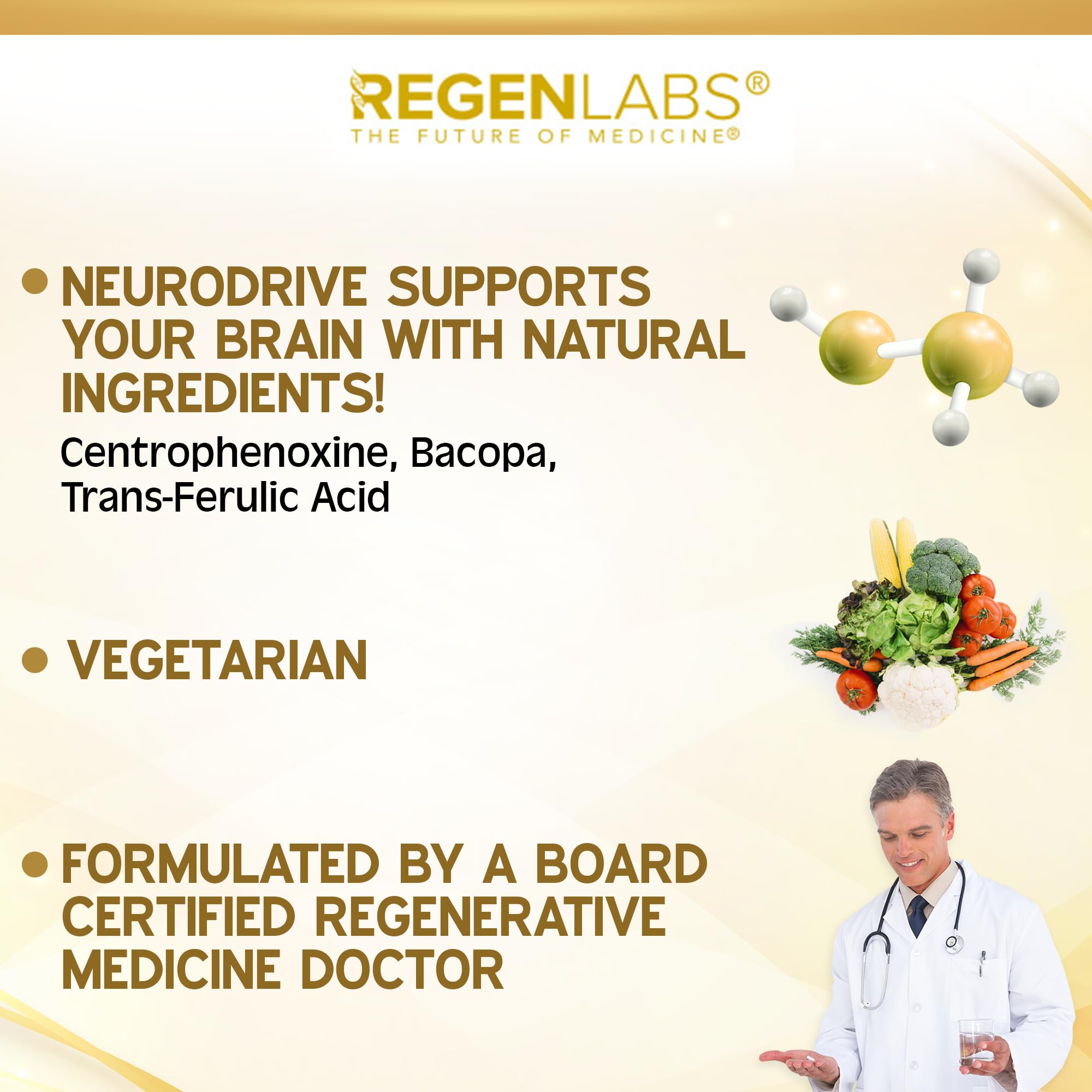 Regen Labs NeuroDrive Memory & Focus Supplement - Boost Brain Focus, Mental Health & Brain Fog | Natural Doctor Approved - Brain Nootropic, Phosphatidylserine, Centrophenoxine, Bacopa - 90 Capsules Regen Labs uk supplements