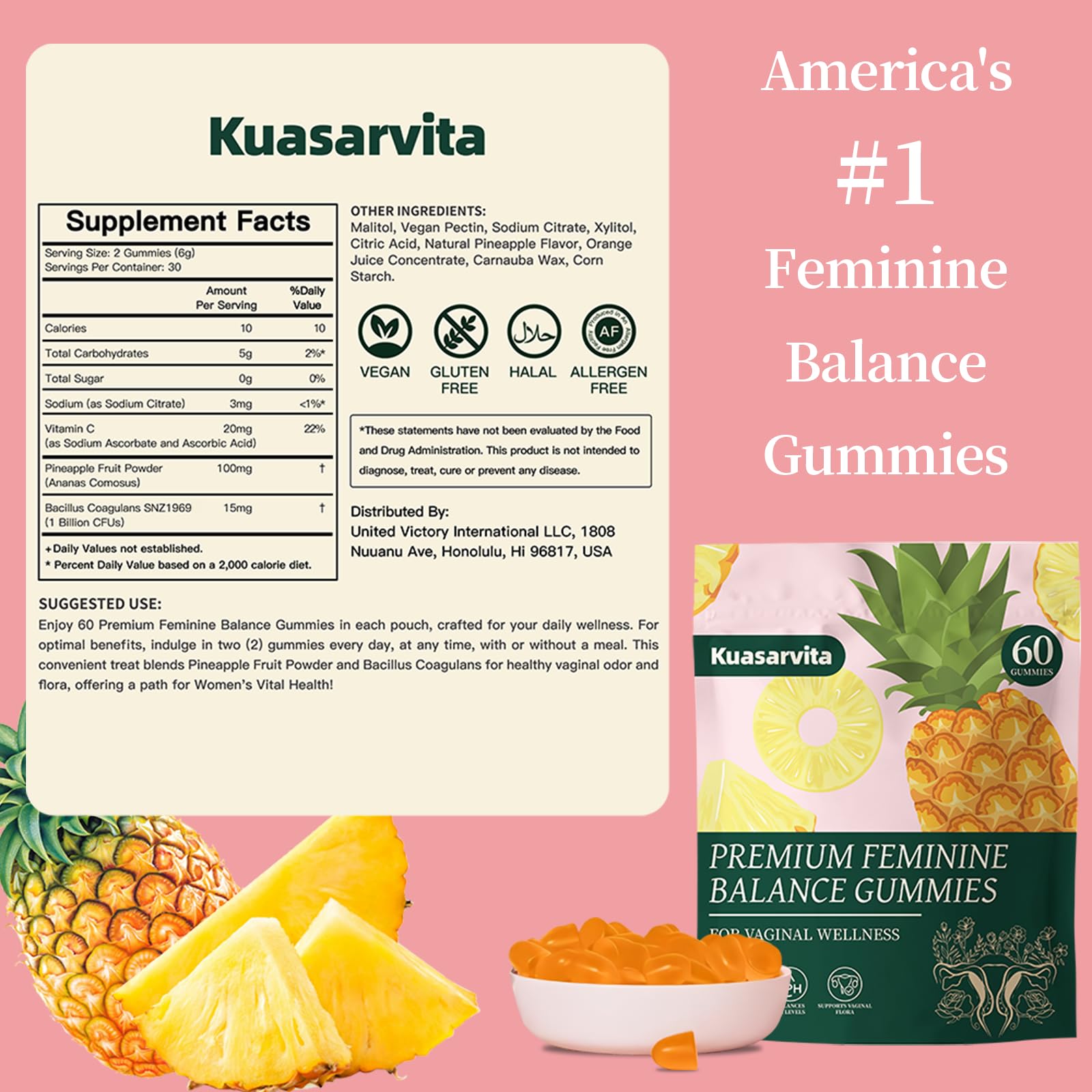 Premium Feminine Balance Gummies,Vital Vaginal Probiotics Source Feminine Gummies,Probiotic Gummies for Prenatal & Postnatal Women - Probiotics for Digestion, pH Balance, Gut Health, Immune Support Kuasarvita uk supplements