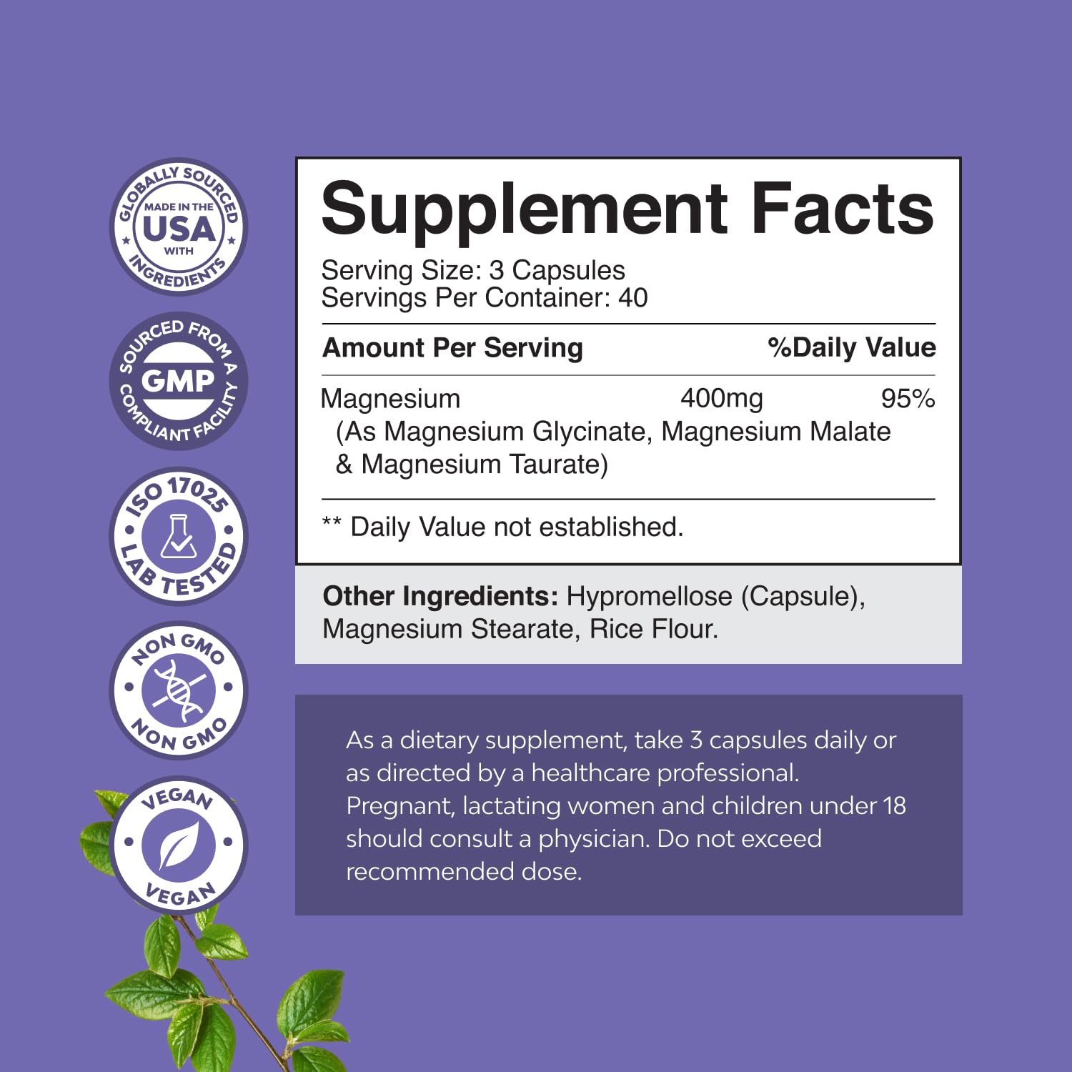 Triple Magnesium Complex Supplement - High Absorption Magnesium Glycinate, Malate & Taurate Blend for Muscles, Energy Support & Heart Health - Triple Mg Complex 400 mg Capsules - 120 Count Natures Craft uk supplements