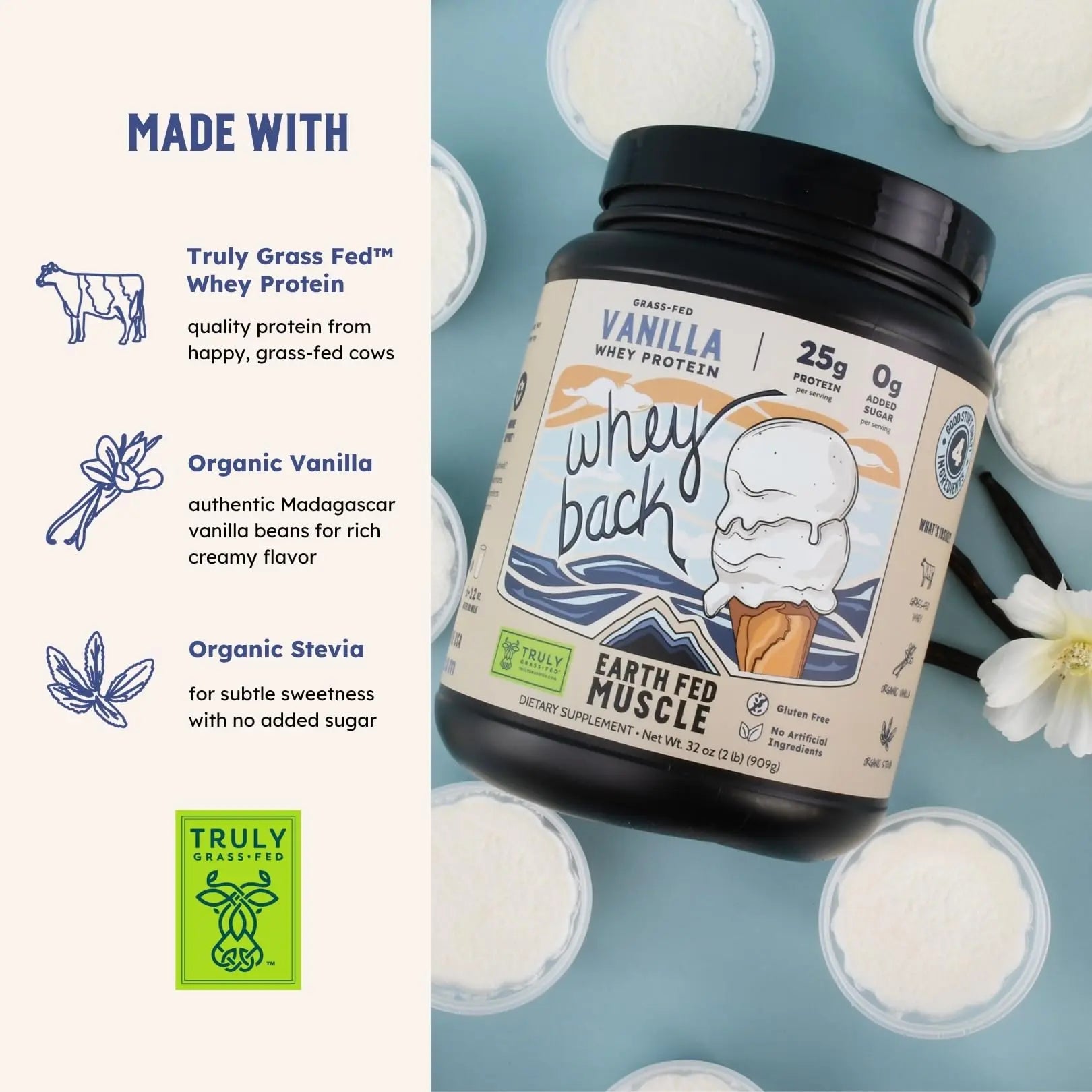 Earth Fed Muscle Whey Back Irish Grass Fed Whey Protein Isolate, Third-Party Certified. 25g Protein, Vanilla - Non-GMO, Hormone Free, Soy Free, Gluten Free - 2 LB, 29 Servings Earth Fed Muscle uk supplements
