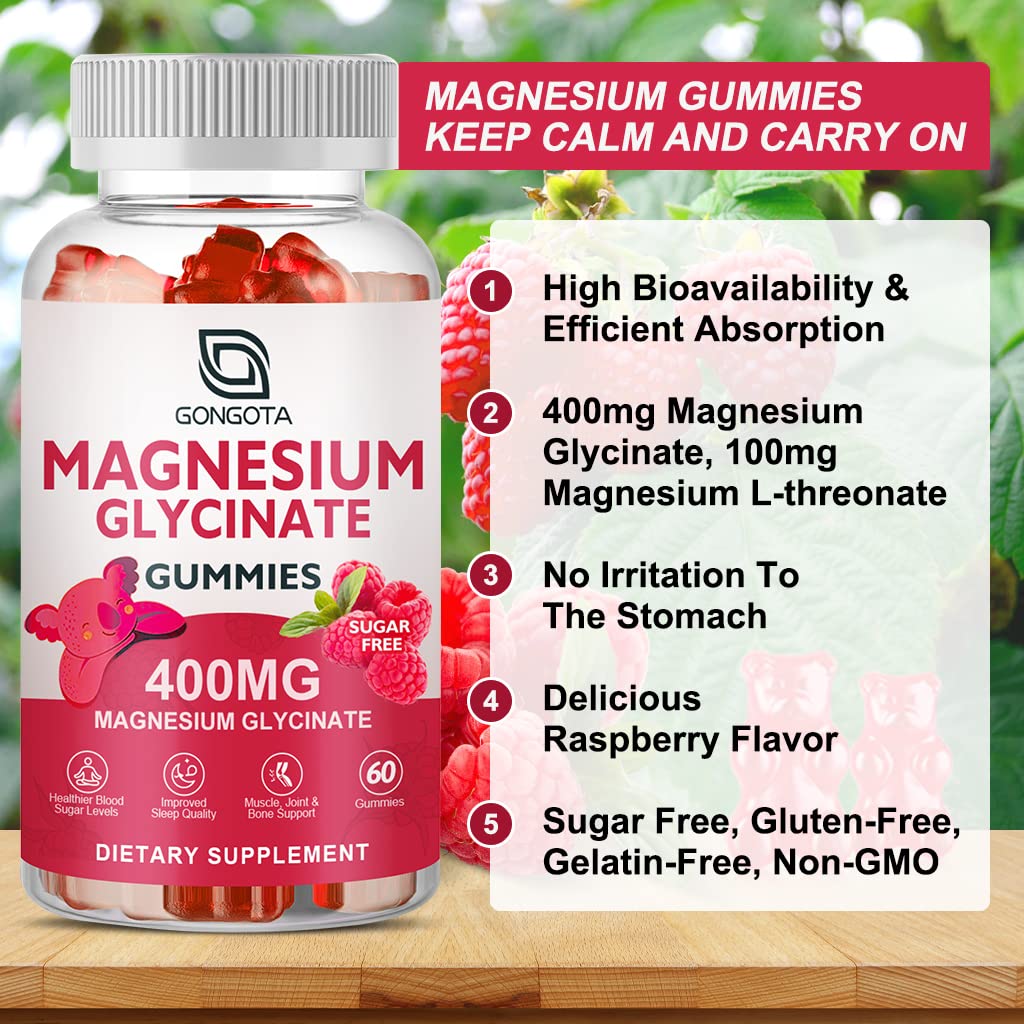 Magnesium Glycinate Gummies 400 mg with 100 mg Composite magnesium - Chelated Magnesium Potassium Supplement with Vitamin D, B6 Supports Calm, Sleep, Memory & Muscle Cramps,Sugar Free - 120 Gummies GONGOTA uk supplements