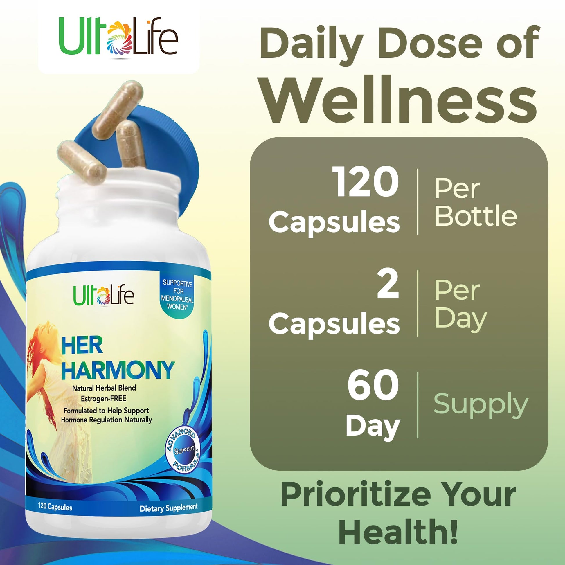 UltaLife Her Harmony Menopause Supplements for Women - Hot Flashes Menopause Relief & Hormone Balance for Women - Contains Black Cohosh, Dong Quai, Red Clover & More - Estrogen Free - 120 Capsules ULTALIFE uk supplements