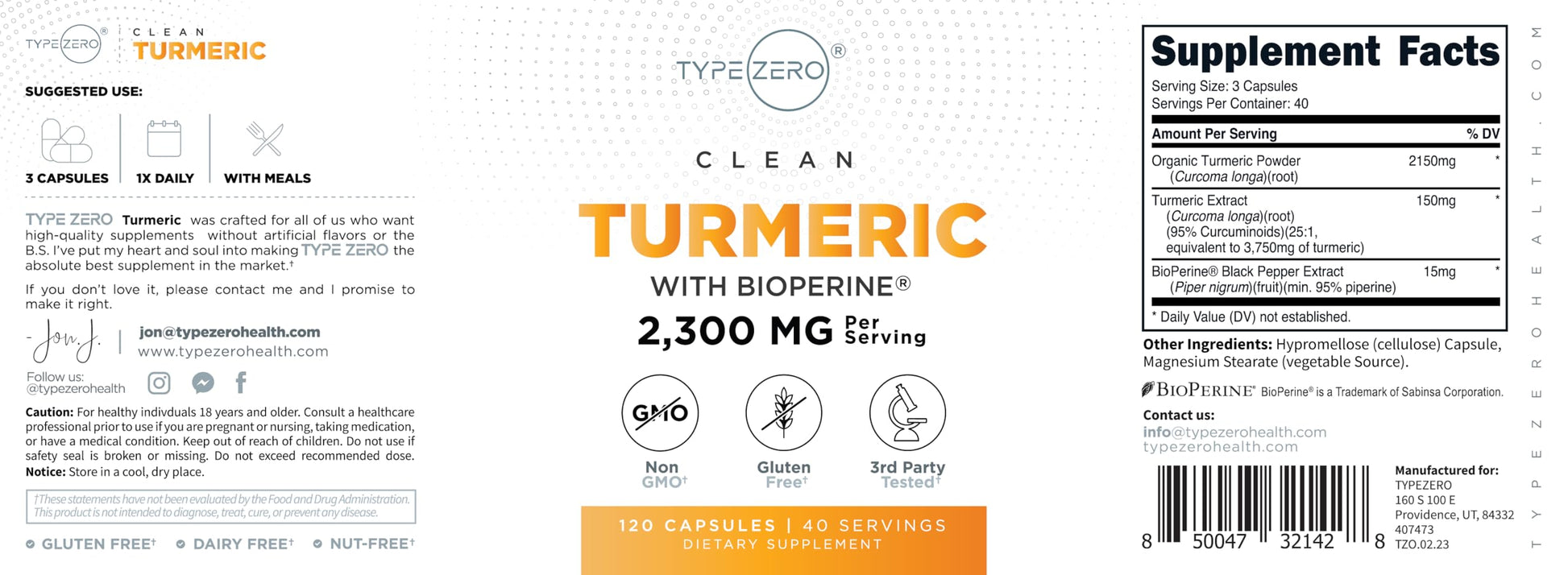 Type Zero Turmeric with Bioperine (120 Capsules) (2300mg per Serving) - GMO Free, Gluten Free, 3rd Party Tested Type Zero uk supplements