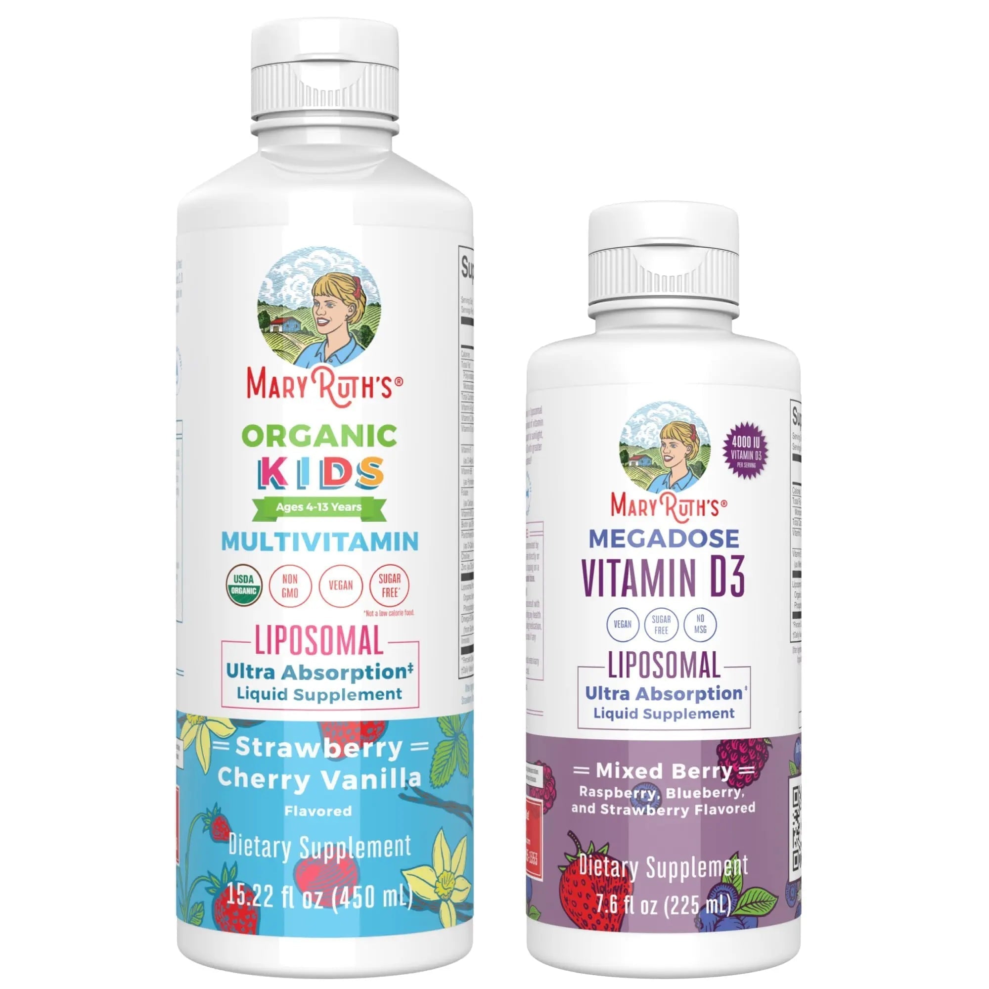 MaryRuth Organics Kids Multivitamin Liposomal (Strawberry Cherry & Vanilla) & Vitamin D3 Liposomal (Mixed Berry) Clean Label Project Verified MARYRUTH'S uk supplements