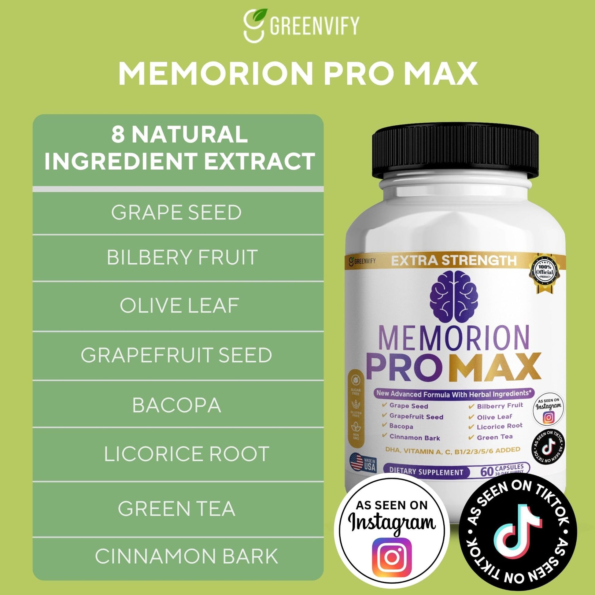 GREENVIFY Memorion Pro Max Extra Strength Brain Support Supplement, 60 Capsules, with DHA, Vitamins, Herbal Blend, 30-Day Supply (1) GREENVIFY uk supplements
