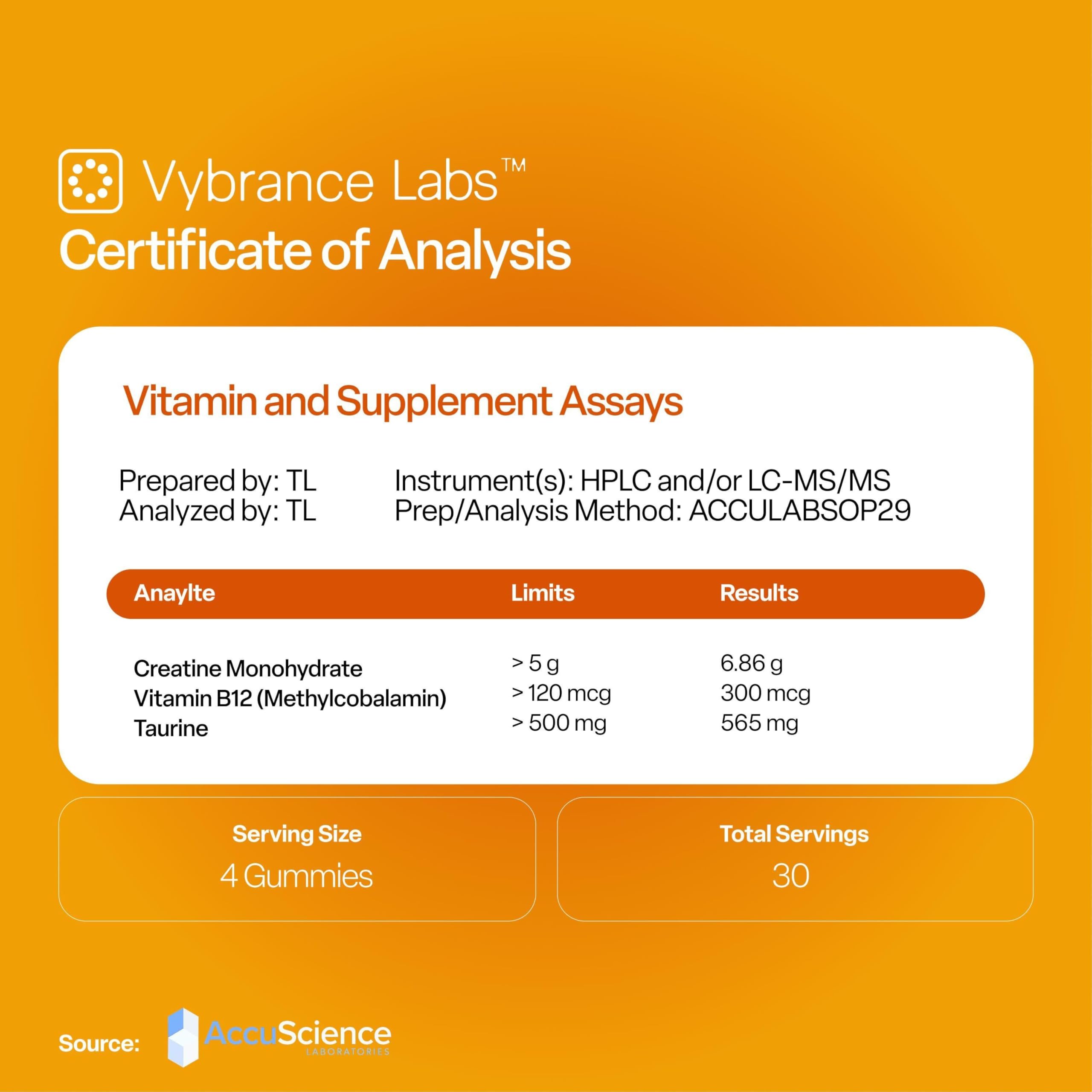 VYBRANCE LABS Creapure Creatine Gummies 5g + Taurine & B12 - Sugar-Free, Vegan, Gluten-Free - Citrus Mango - 120 Count (30 Servings) for Strength, Energy & Focus VYBRANCE LABS uk supplements