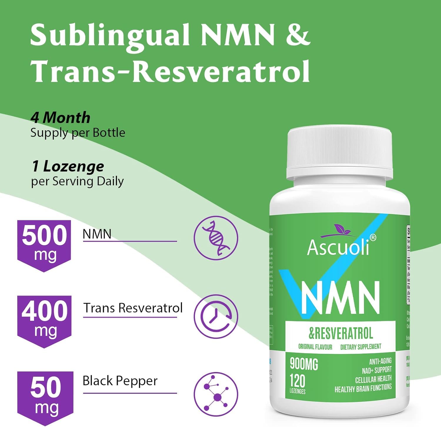 Sublingual NMN 500mg + Trans-Resveratrol 400mg, 3-in-1 Advanced Formula 99% Pure NMN Resveratrol Supplement for Boost* NAD, Cell, Immune, Energy & Muscle, Anti-Aging, 120 Lozenges, 120-Day Supply Ascuoli uk supplements