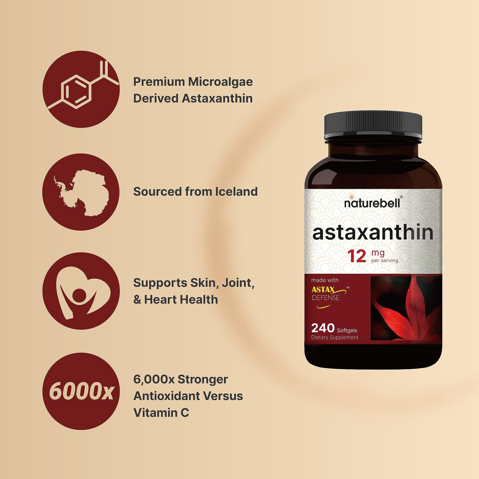 NatureBell Astaxanthin 12mg, 240 Softgels, Made with Astax, Max Strength NatureBell uk supplements