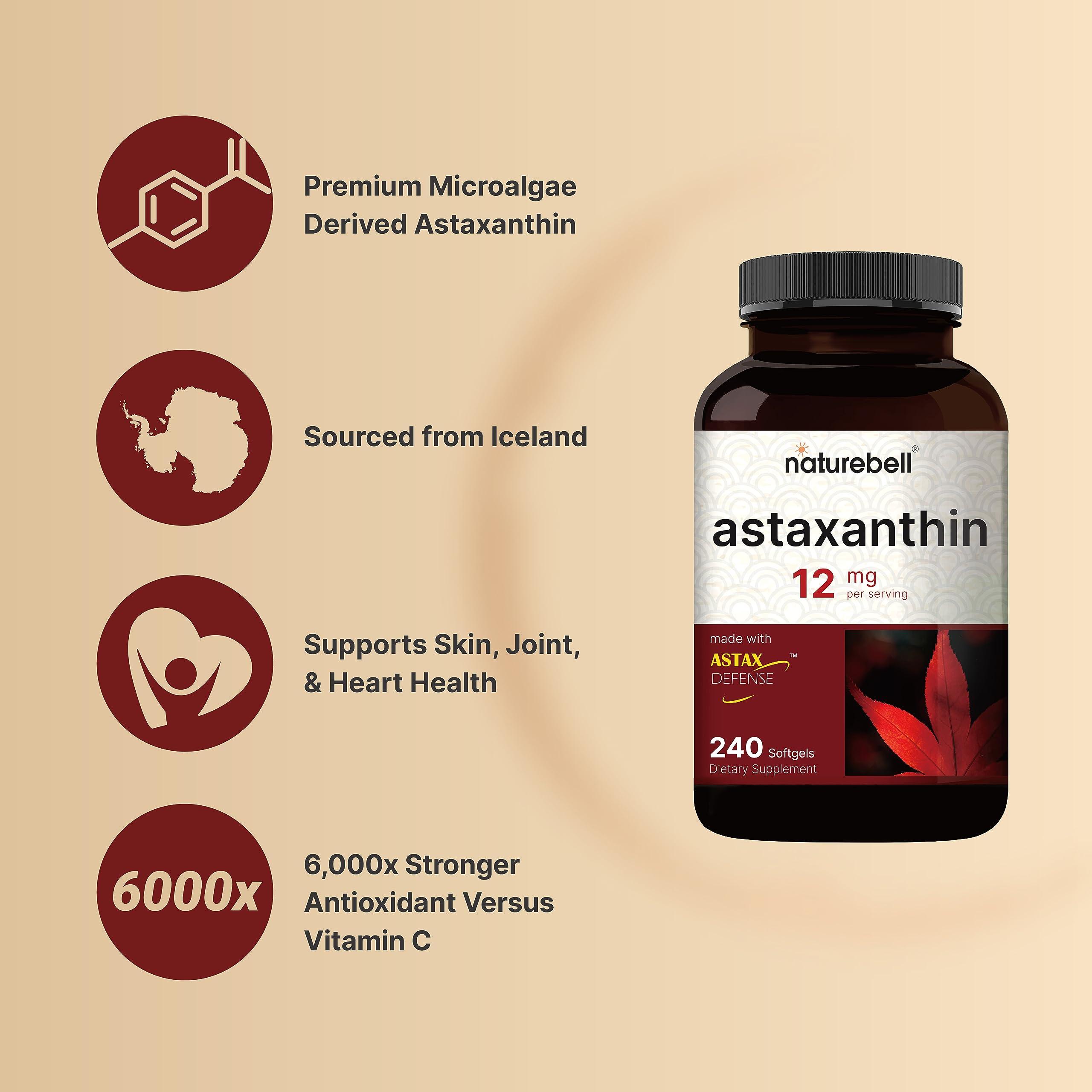 NatureBell Astaxanthin 12mg, 240 Softgels, Made with Astax, Max Strength NatureBell uk supplements